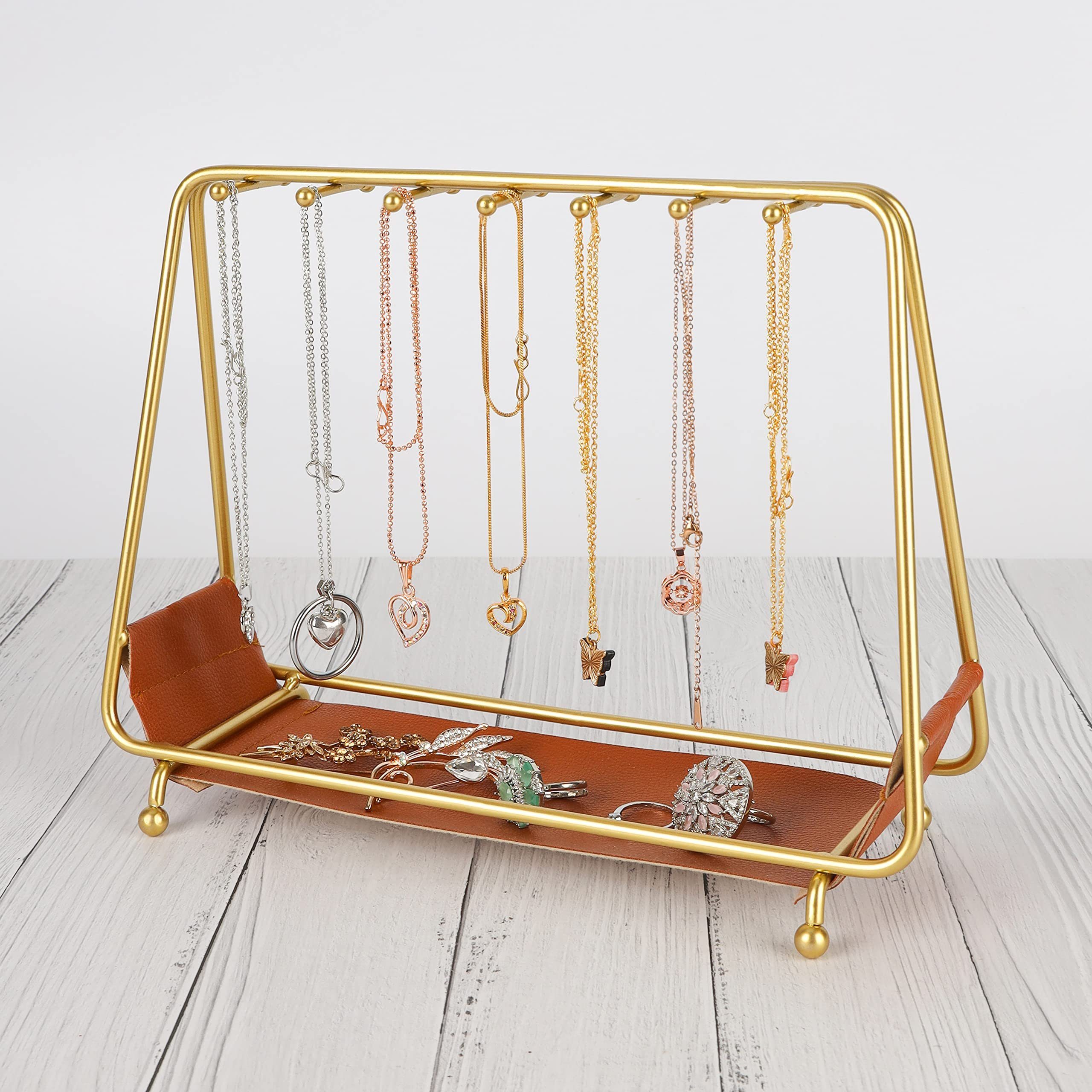 Belle Vous Schmuckständer Schmuckständer Gold mit Lederablage - Schmuck Aufbewahrung