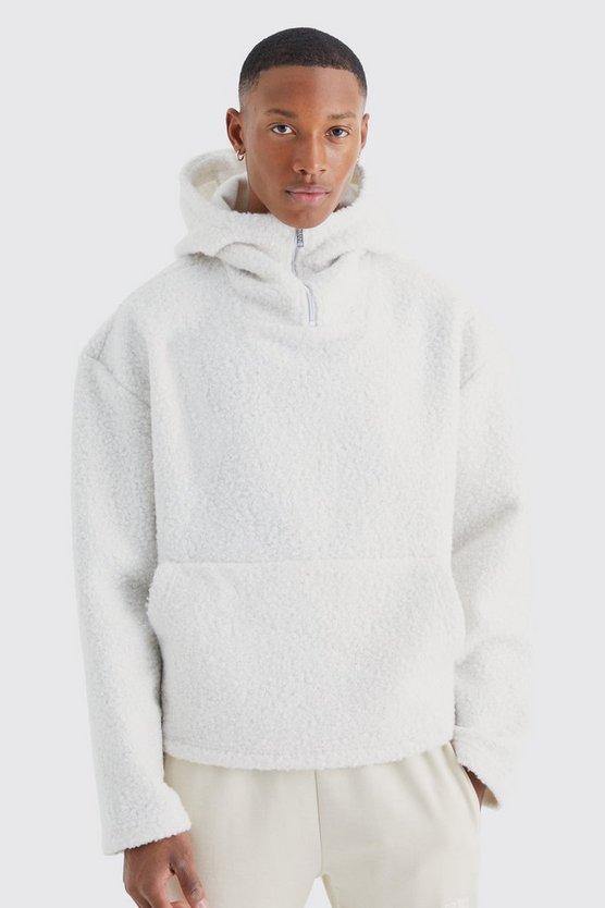 Kastiger Oversize Bouclee Borg-Hoodie mit 1/4 Reißverschluss
