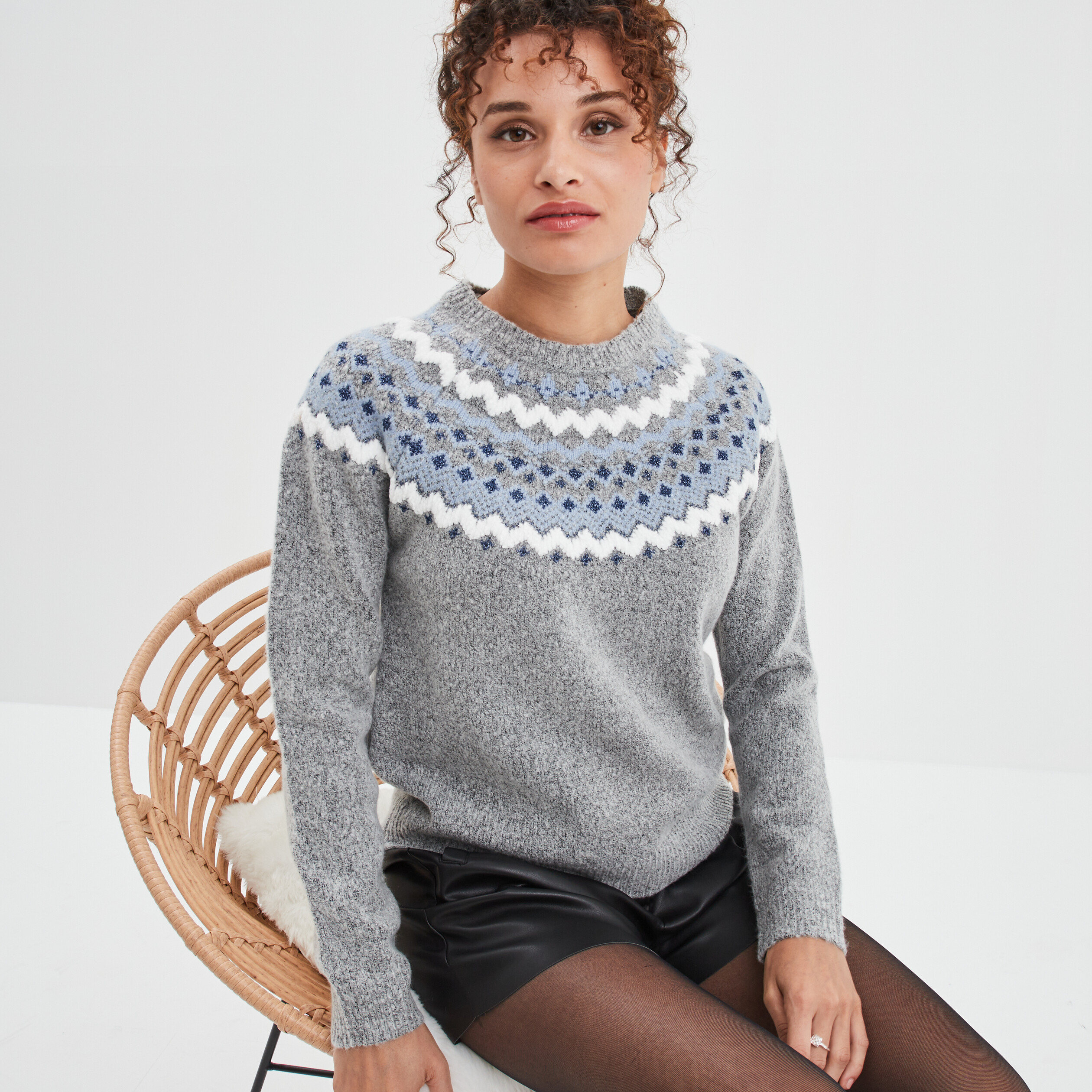 Pull col rond manches longues Creeks gris clair femme | La Halle