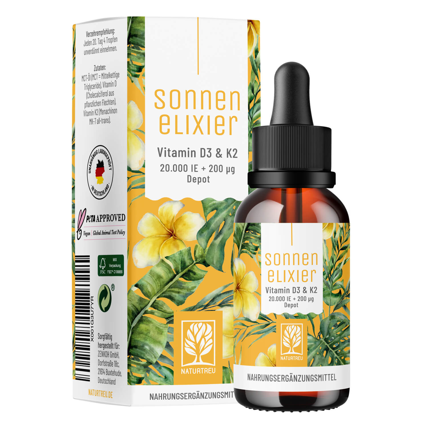 Vitamin D3 & K2 Tropfen Depot mit 20.000 I.E. - Sonnenelixier - NATURTREU®