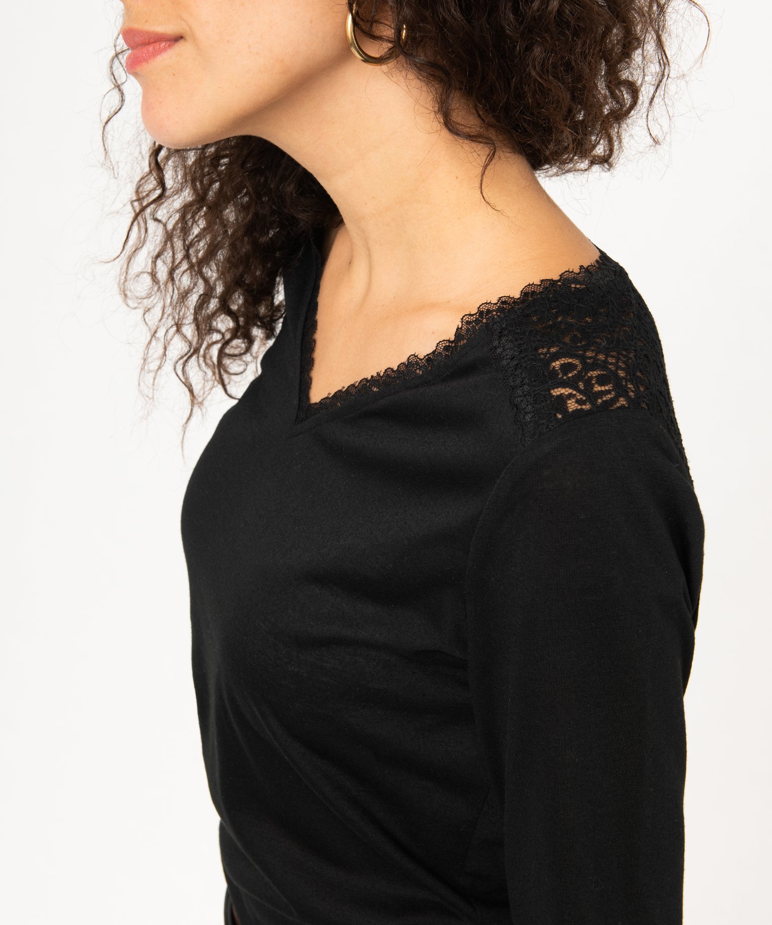 Tee-shirt à manches longues avec détails dentelle femme noir | GEMO
