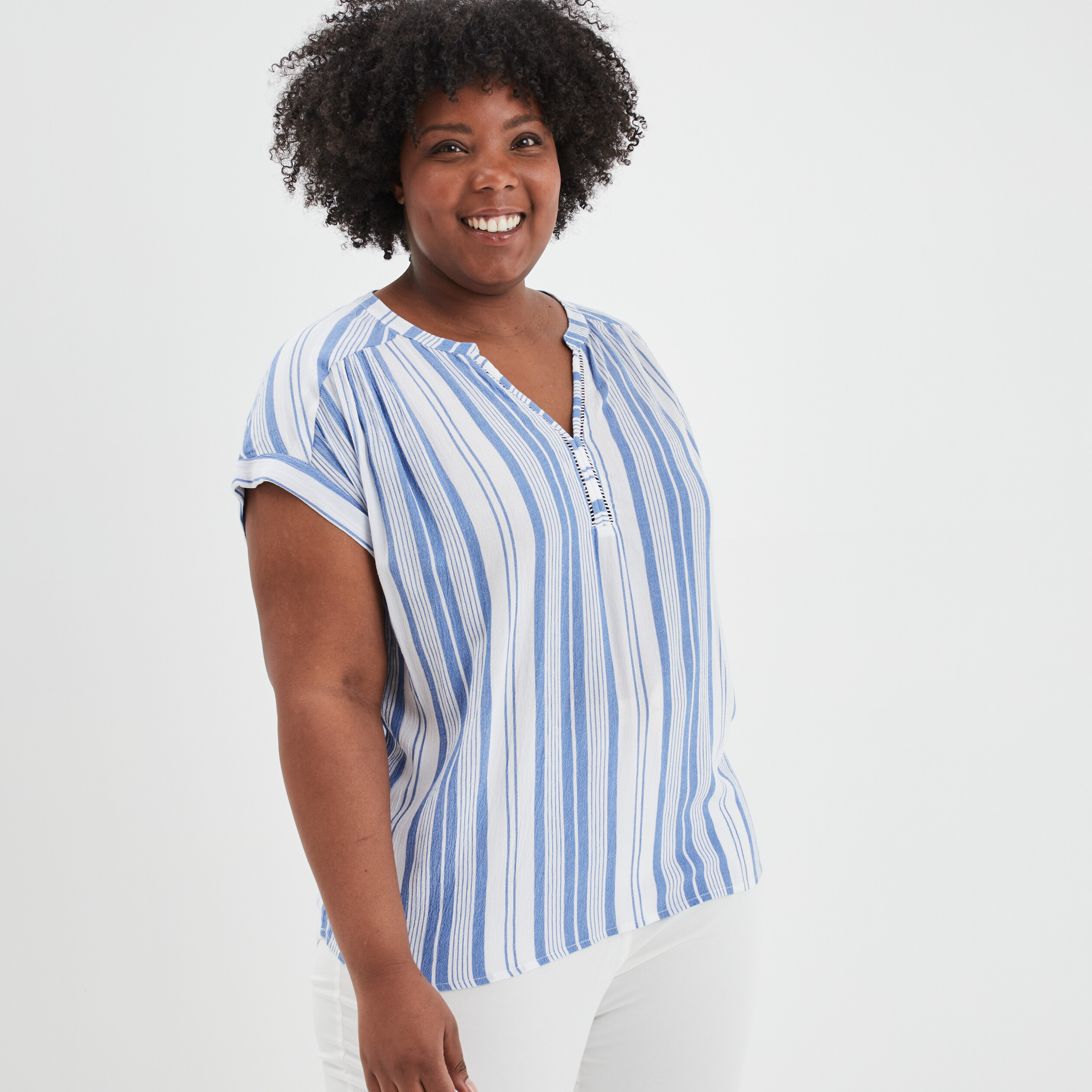 Blouse col en V manches courtes bleu canard femme grande taille | La Halle