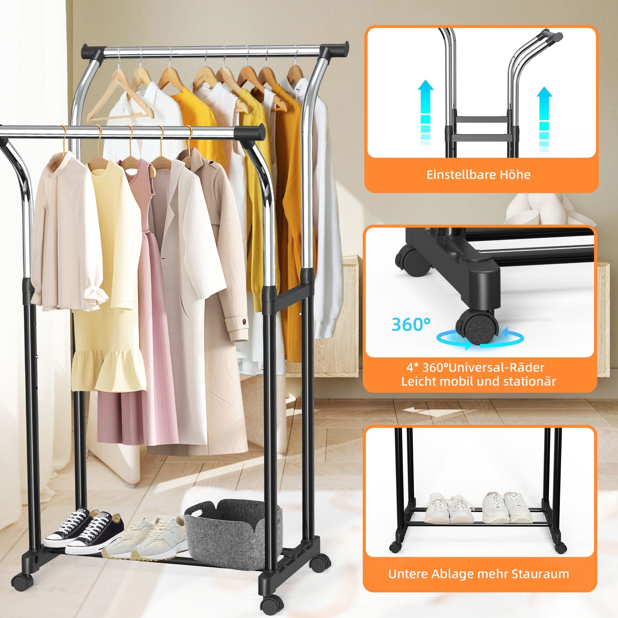 NEFOSO Garderobenständer Y-förmiger Doppelschienen, Höhenverstellbarer, schwarz Rollgarderobe, (1 St), Kleiderständer, Schlafzimmer Bodenstehender Kleiderwagen, Chrom