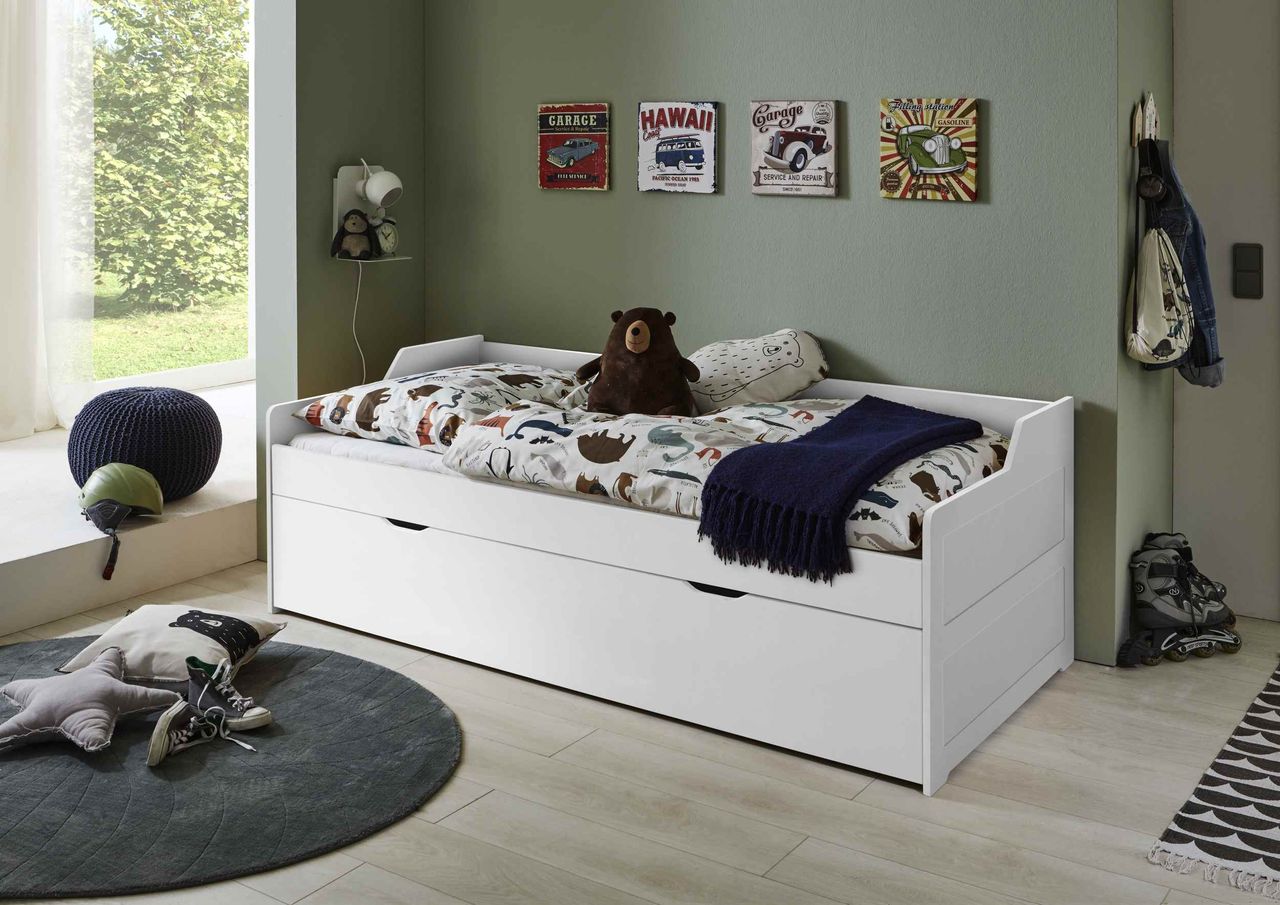 Relita Kojenbett LILLY 90x200 Buche massiv weiß lackiert, inkl. Rollrost, 1 großer Bettkasten