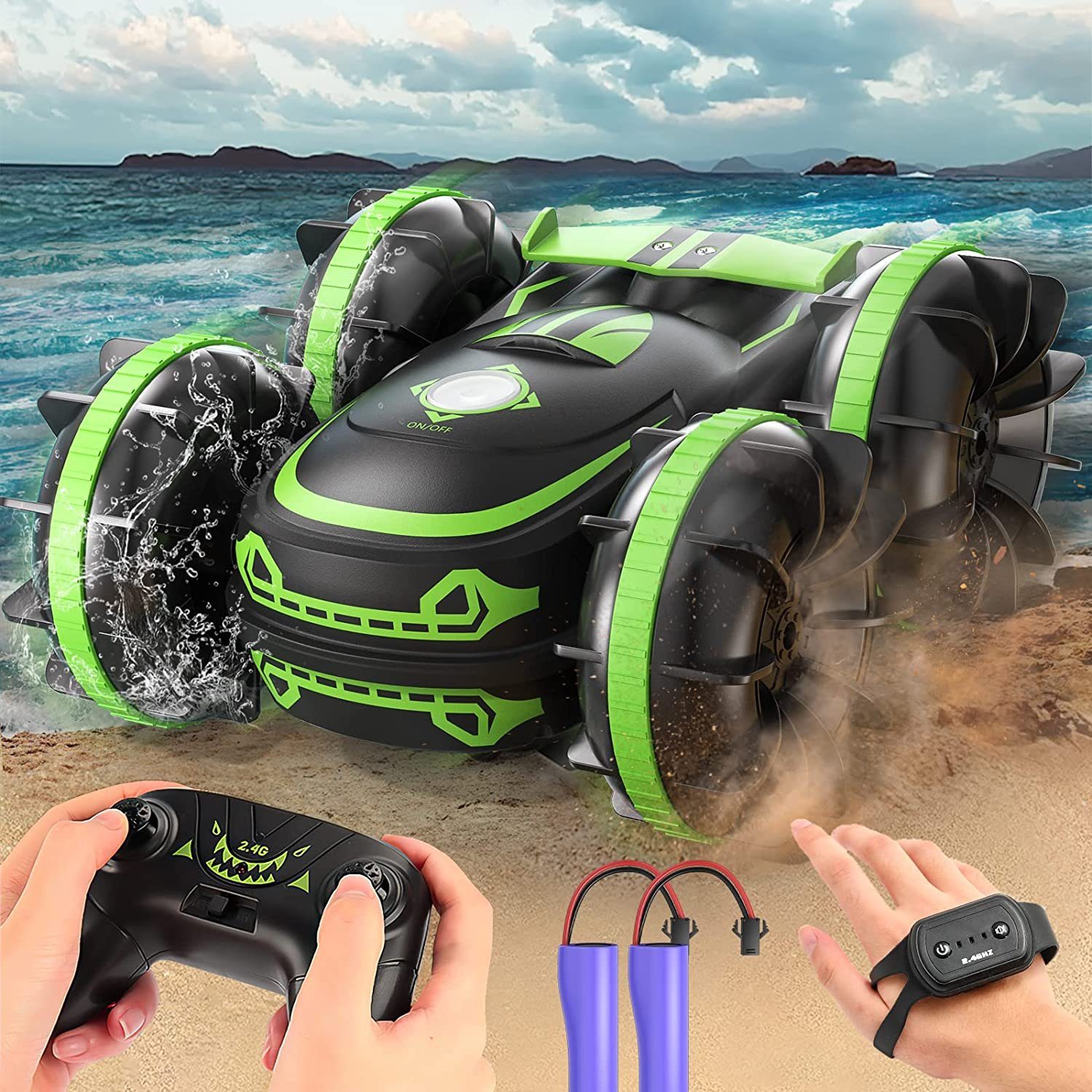 Bedee RC-Auto Amphibienfahrzeug Ferngesteuertes Auto, 2,4GHz 4WD 360° Drehbares (Ferngesteuertes Auto mit HandSteuerung, 1-tlg., RC Auto, Ferngesteuertes Boot mit Handsteuerung, Geschenk Spielzeug), für Weihnachten Geburtstags Geschenke Indoor & Outd
