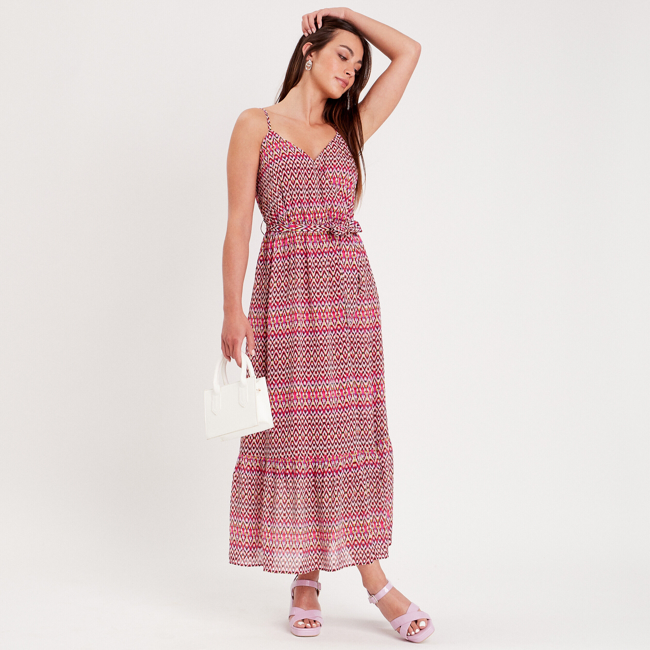 Robe longue évasée rose femme | Cache Cache