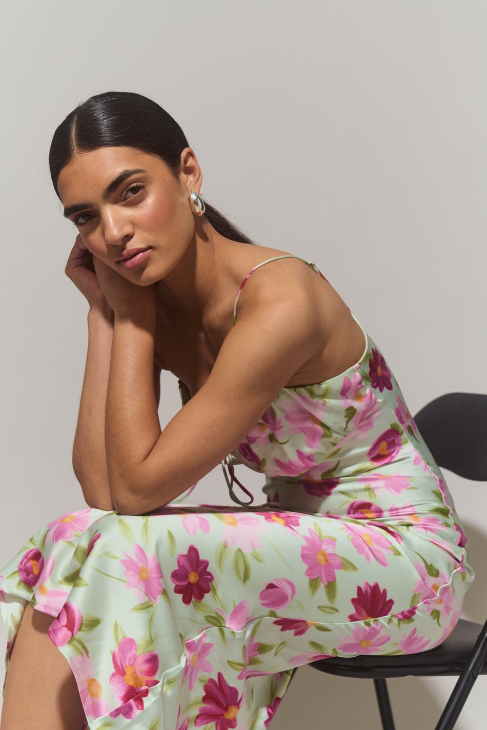 Gathered bust midi strap dress