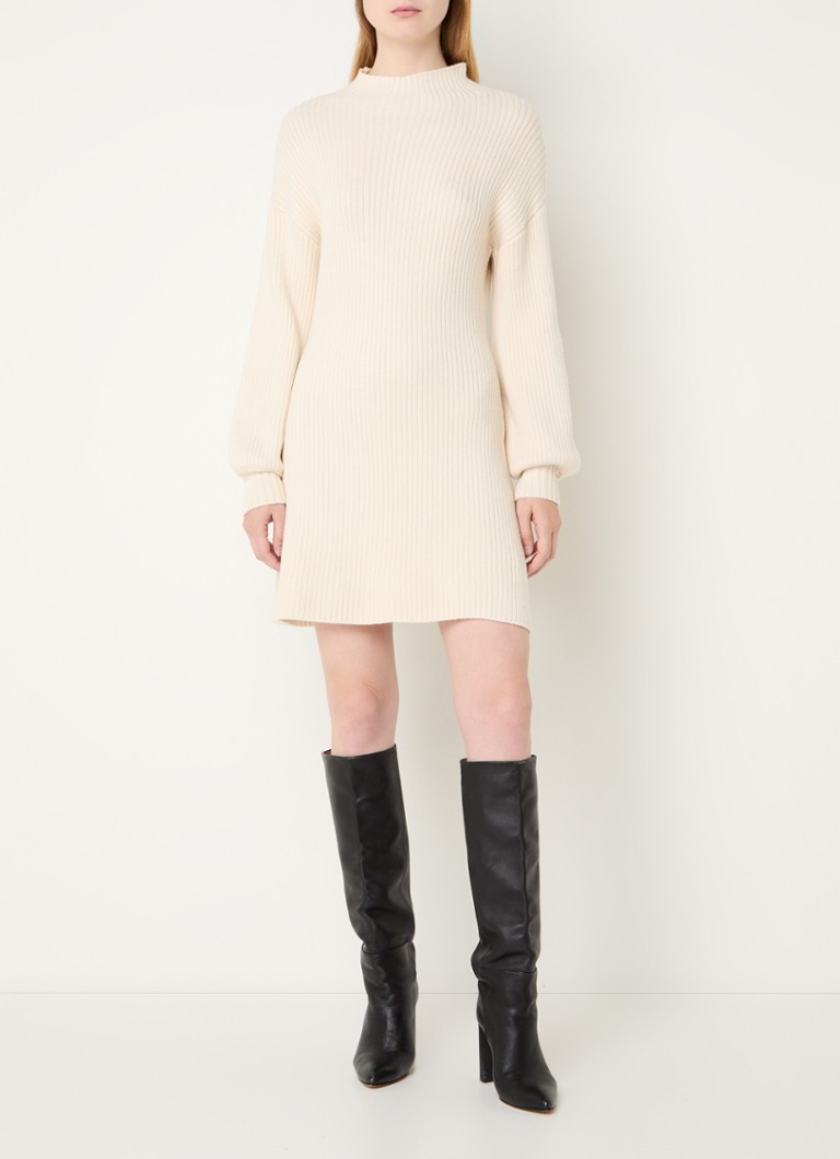 Rochie mini French Connection Myla din tricot cu nervuri și mâneci bufante