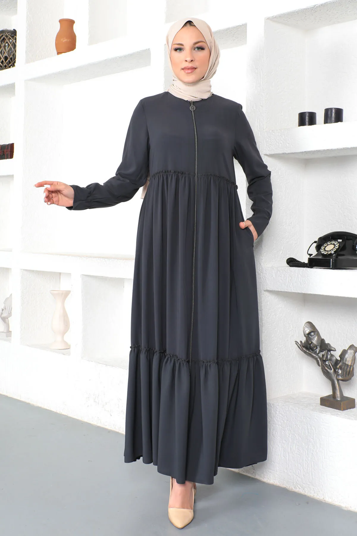 Tesettür Dünyası  Volant Hijab Abaya Tsd230335 Anthrazit