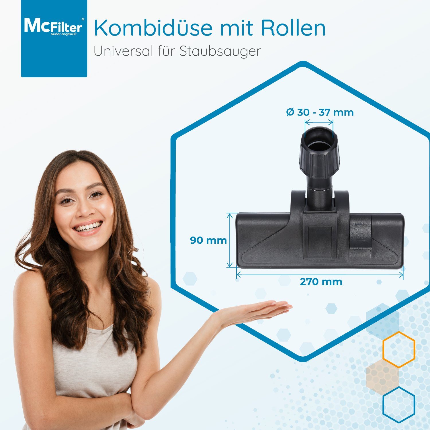 McFilter Kombidüse Universal passend für Miele Siemens Bosch Philips AEG usw., (1-tlg), Vario Verschluss (30-37 mm), Umschaltbar, 2 Rollen an Unterseite