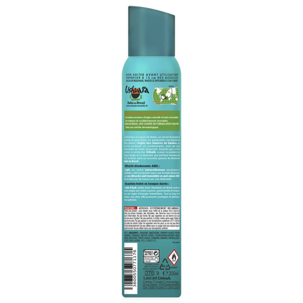 ushuaïa Rituel Bahia Do Brasil Déodorant Spray Argile Absorbante & Parfum de Baie d'Açaï 48h