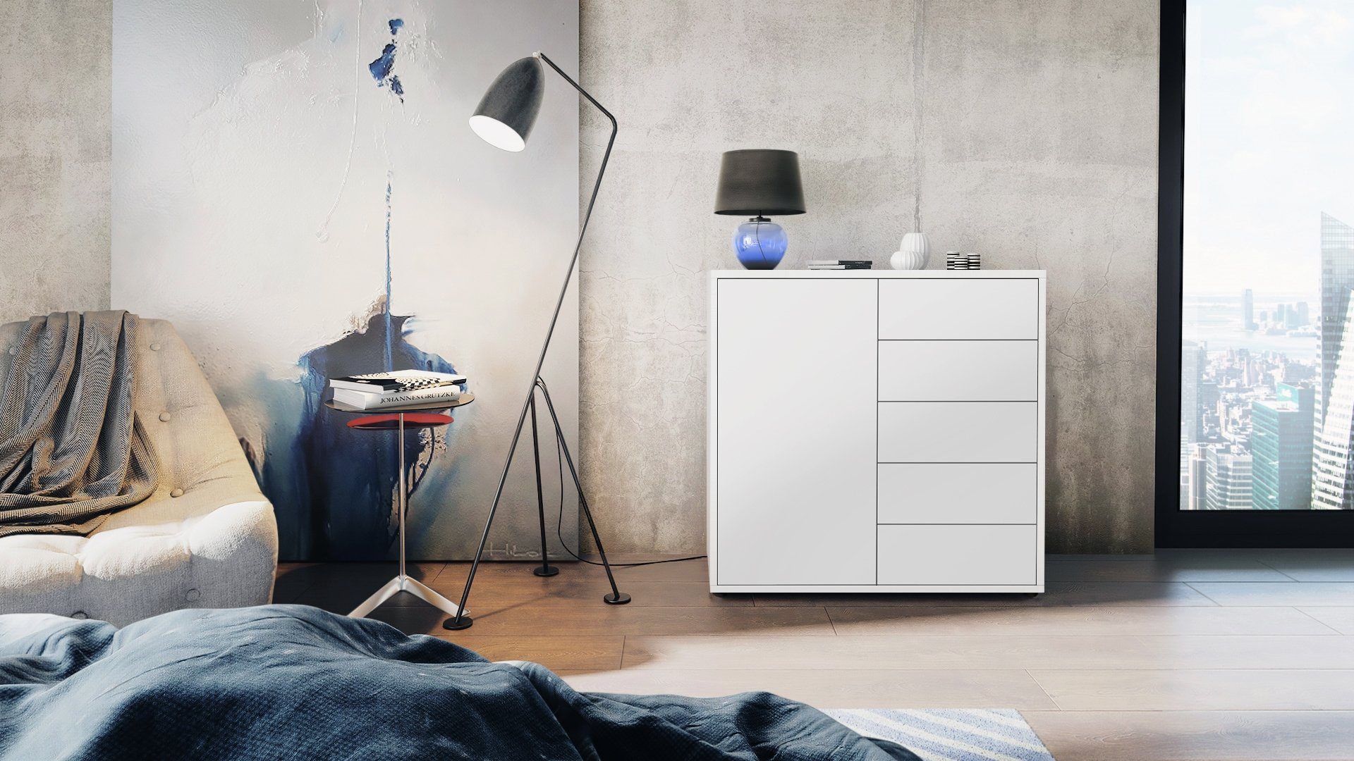 Vladon Kommode Ben (Kommode, mit 1 Tür und 5 Schubladen), Weiß matt/Weiß matt (79 x 74 x 36 cm)