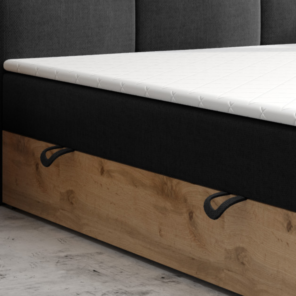 Möbel Punkt Boxspringbett LISSABON Eiche Holz mit Bettkasten 180 x 200 cm Webstoff Schwarz Anthrazit