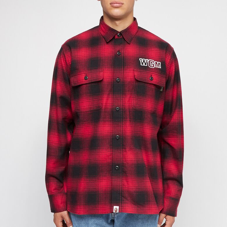 A Bathing Ape Check Shark Relaxed Fit Flannel Shirt red