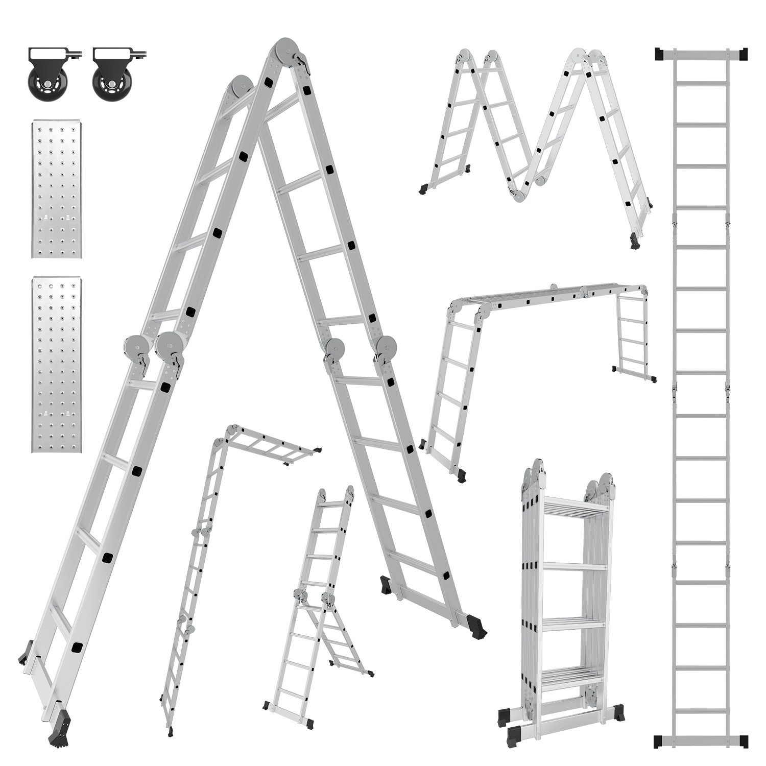Lospitch Teleskopleiter Vielzweckleiter 6 in 1 Multifunktionsleiter Gerüst,4x4 4.7M bis 150kg, 4 x 4 Stufen