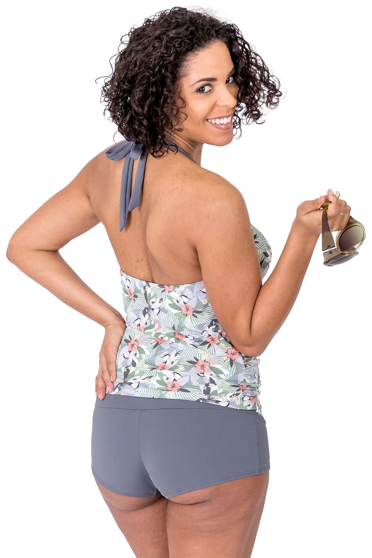 petit amour Umstandstankini TUNKINI (Set, Umstandstankini Top & Slip), Raffinierte Umstandsbademode passend für B/C/D Cups in fröhlich-dezentem Hawaii-Tukan Muster in Pastellfarben abgesetzt mit Trendgrau. Stylisch und bequem, wächst mit, Design made