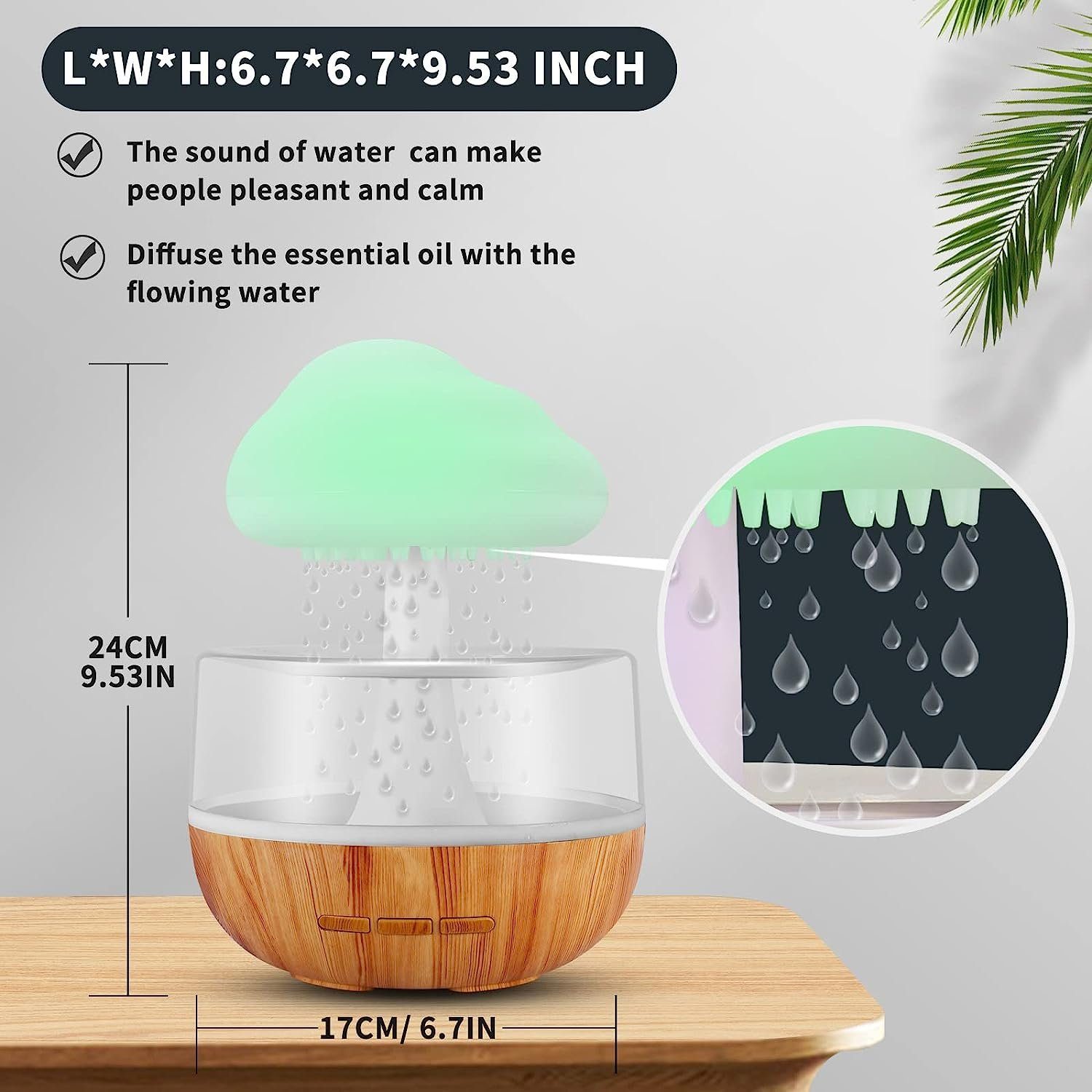 Hikeren Luftbefeuchter Zen Regenwolken-Nachtlicht, Aromatherapie Luftbefeuchter, 0,26 l Wassertank, 7 Lichtfarben, 3 Regentropfengeschwindigkeiten