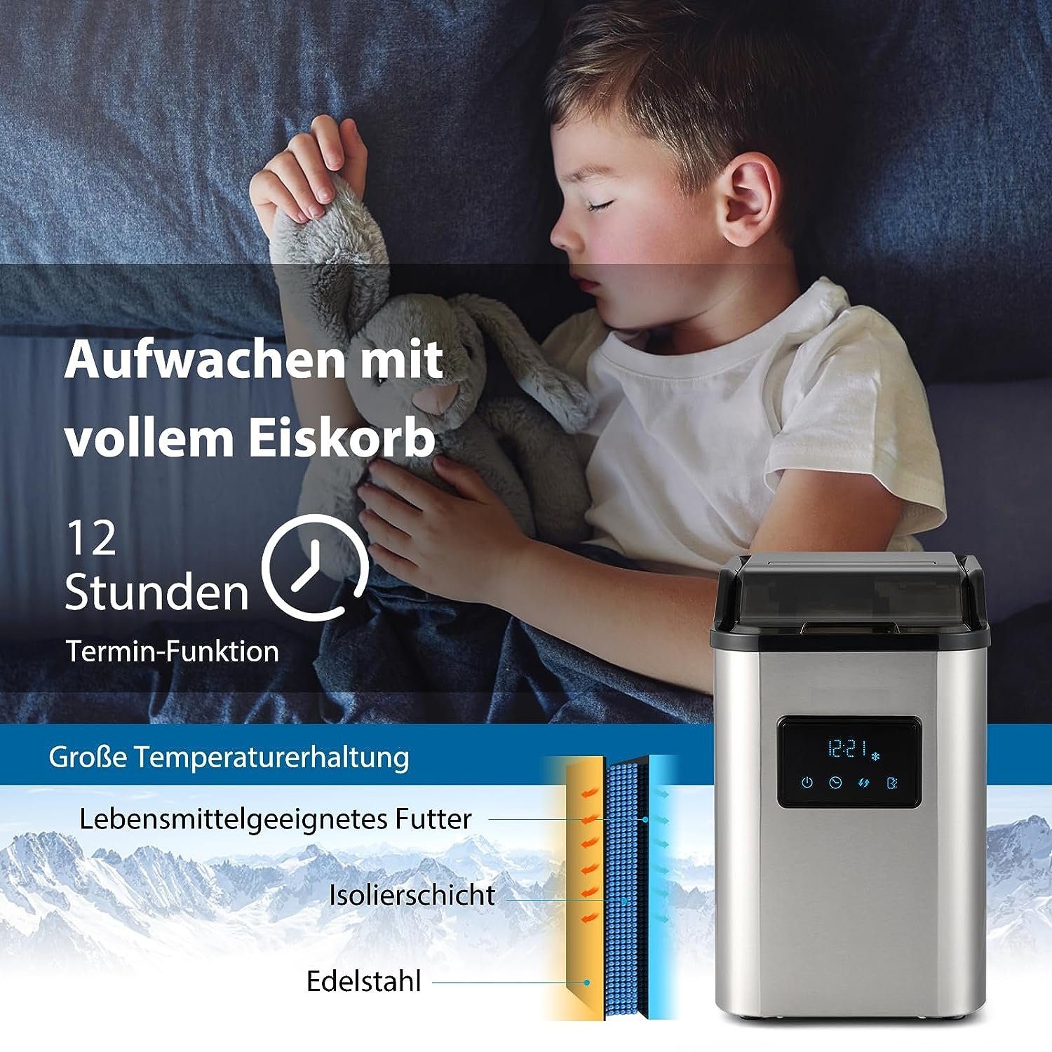 KOMFOTTEU Eiswürfelmaschine, 24kg/Tag, mit 1,6L Wassertank & Eiswürfelschaufe