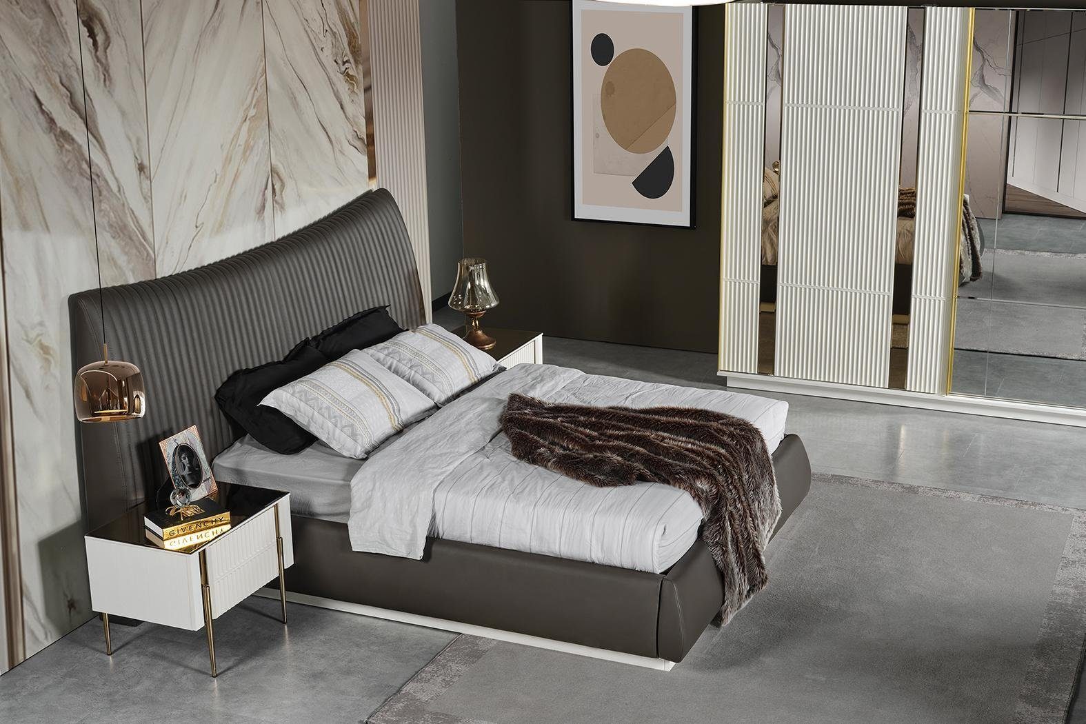 JVmoebel Schlafzimmer-Set Stilvolle Schlafzimmergarnitur Luxus Graues Bett 2x Weiße Nachttische, (3-St., Bett, 2x Nachttische), Made in Europa