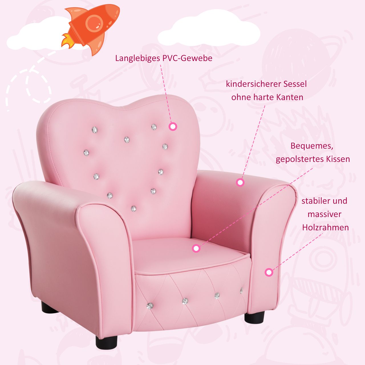 HOMCOM Kindersofa Kindersessel Prinzessin Minisofa Kinderzimmer Sofa herzförmig