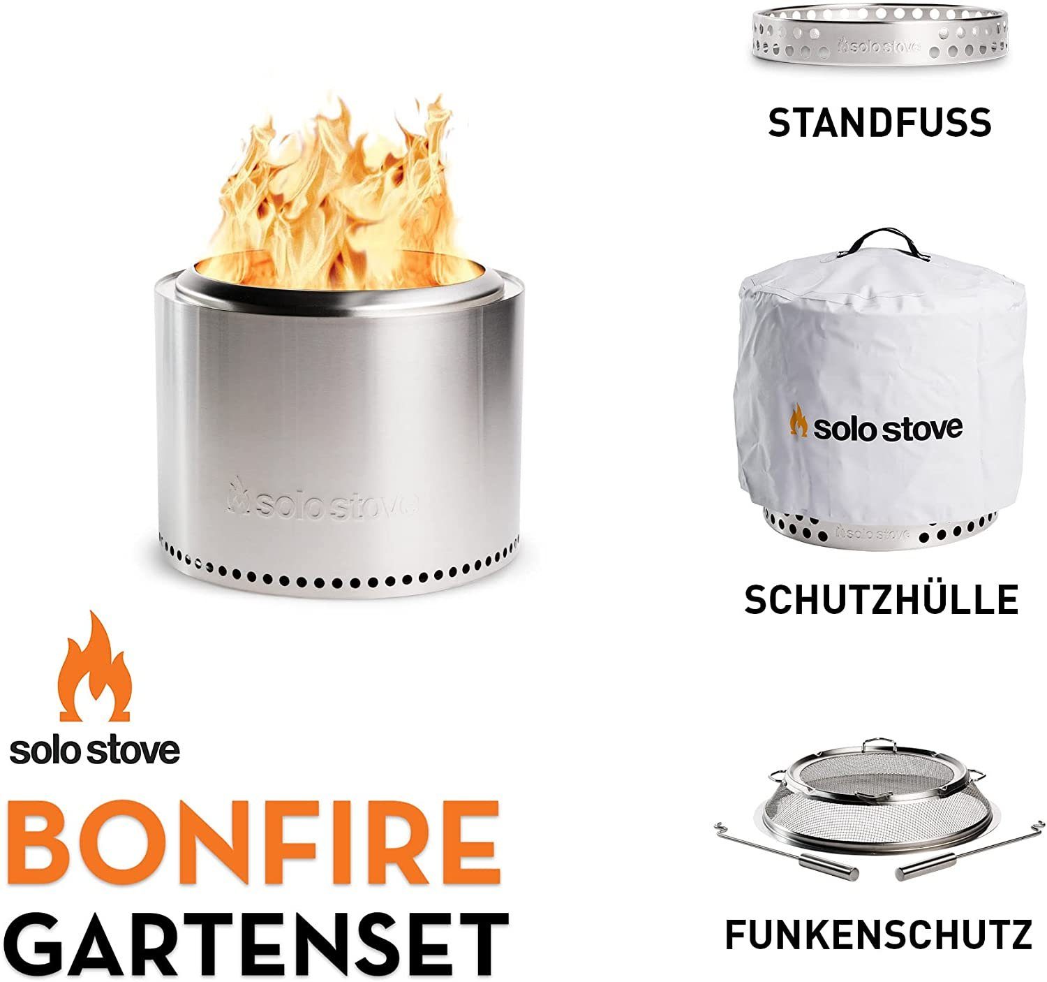 Solo Stove Feuerstelle Feuerschale Bonfire Outdoor-Kamin Edelstahl, mit Standfuß UVP 539€, (SONDERANGEBOT, nur für kurze Zeit, 1-St., für Terrasse, Garten, Feuertonne, Holzofen, Feuerkorb, Outdoor Kamin), Rostfrei, Feuerstelle, Terrassenofen für drau