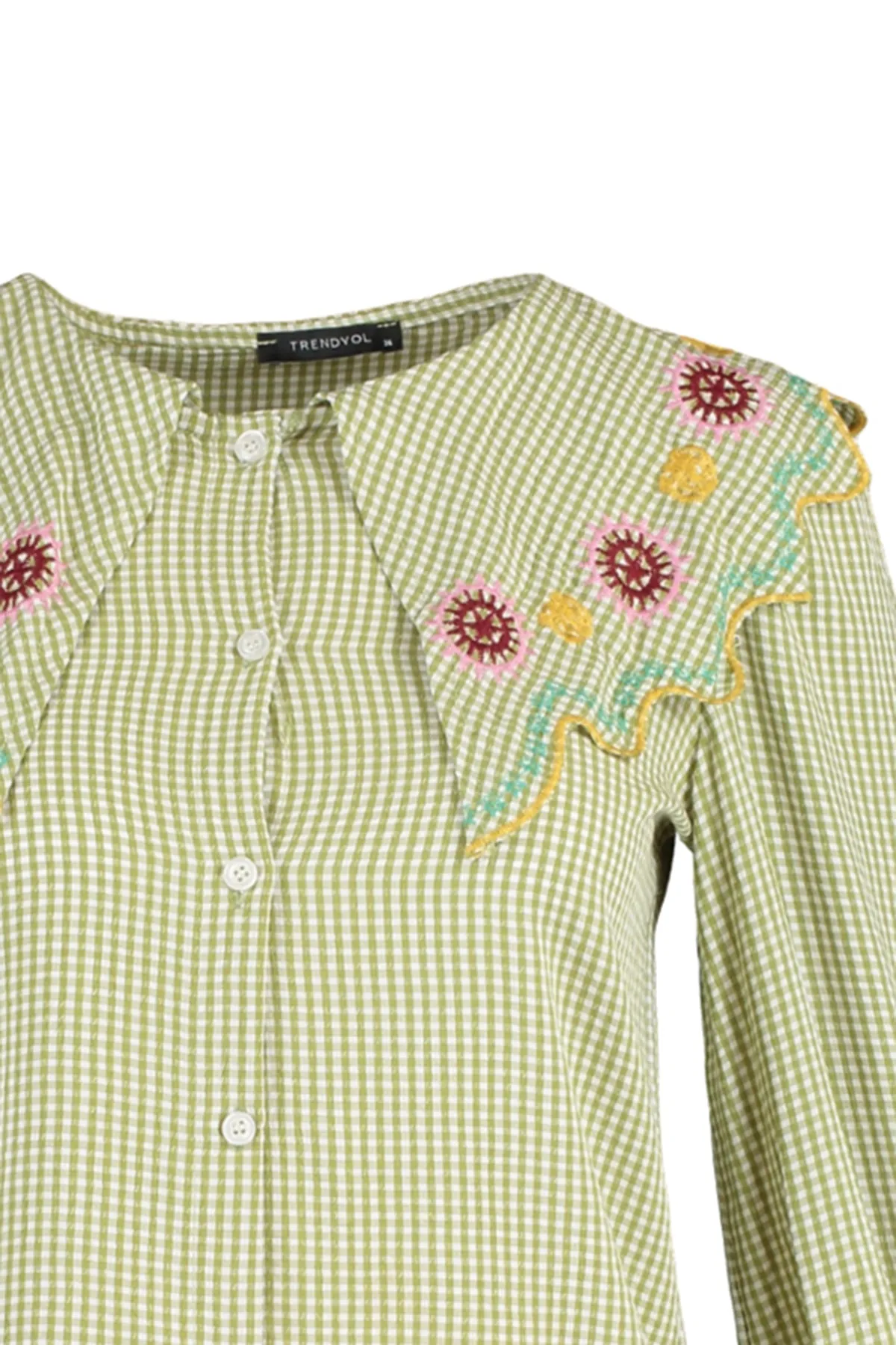Trendyol Collection  Seersucker-Stickerei-Detail in Grün - Regular Fit Webhemd TWOSS21GO0232