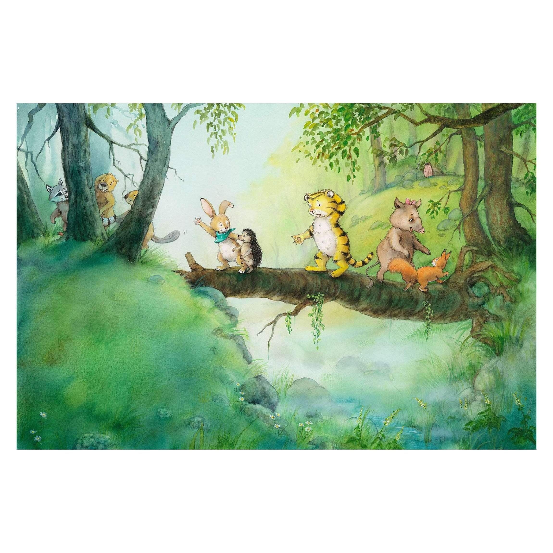 Bilderdepot24 Kindertapete Kinderzimmer Kleiner Tiger Baumbrücke Kinder Wanddeko Wald Tiere, Glatt, Matt, (Inklusive Gratis-Kleister oder selbstklebend), Mädchenzimmer Jungenzimmer Babyzimmer Bildtapete Fototapete Wandtapete