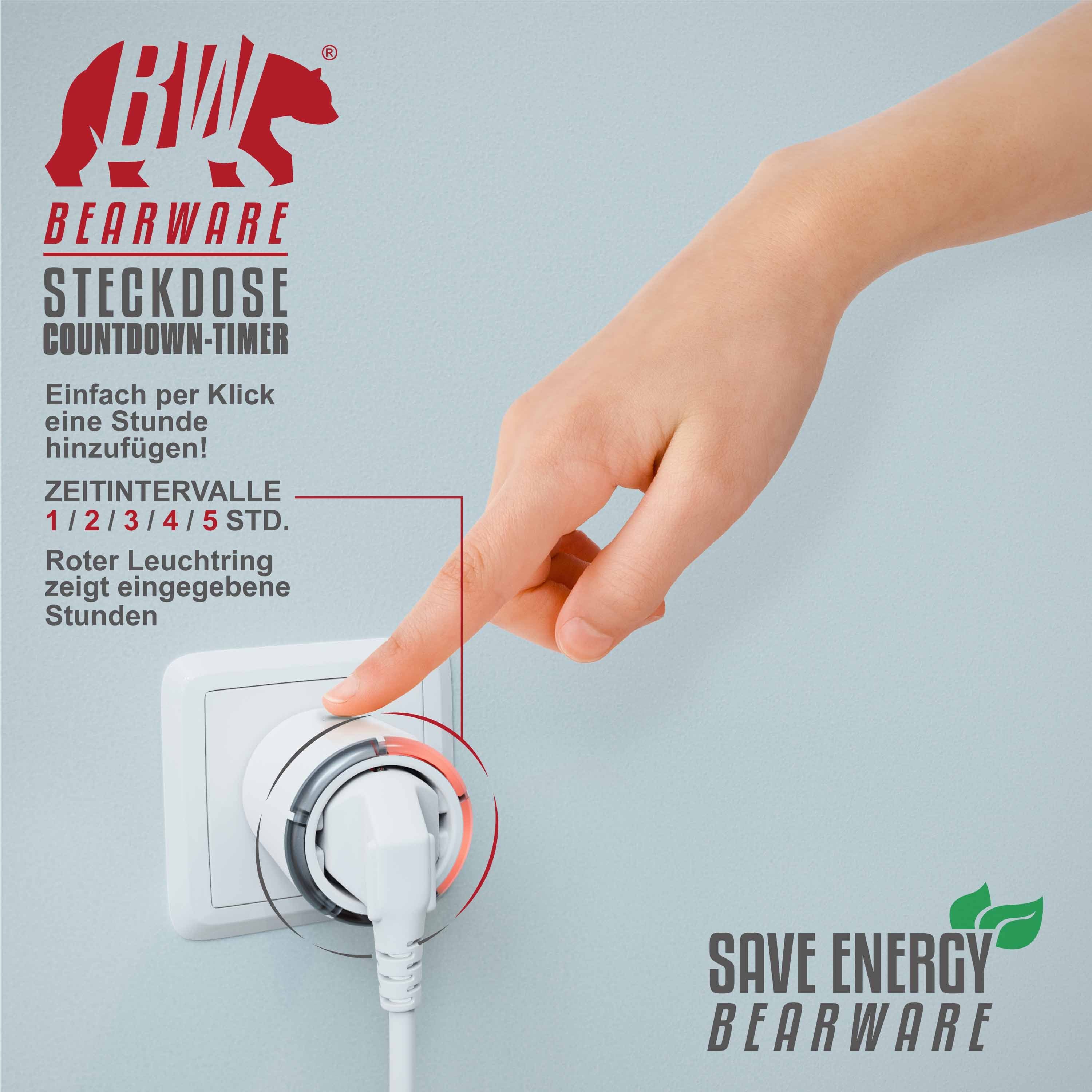 BEARWARE Zeitschaltuhr, mechanisch, Steckdose mit Countdown Timer mit 5 einstellbaren Zeitintervallen