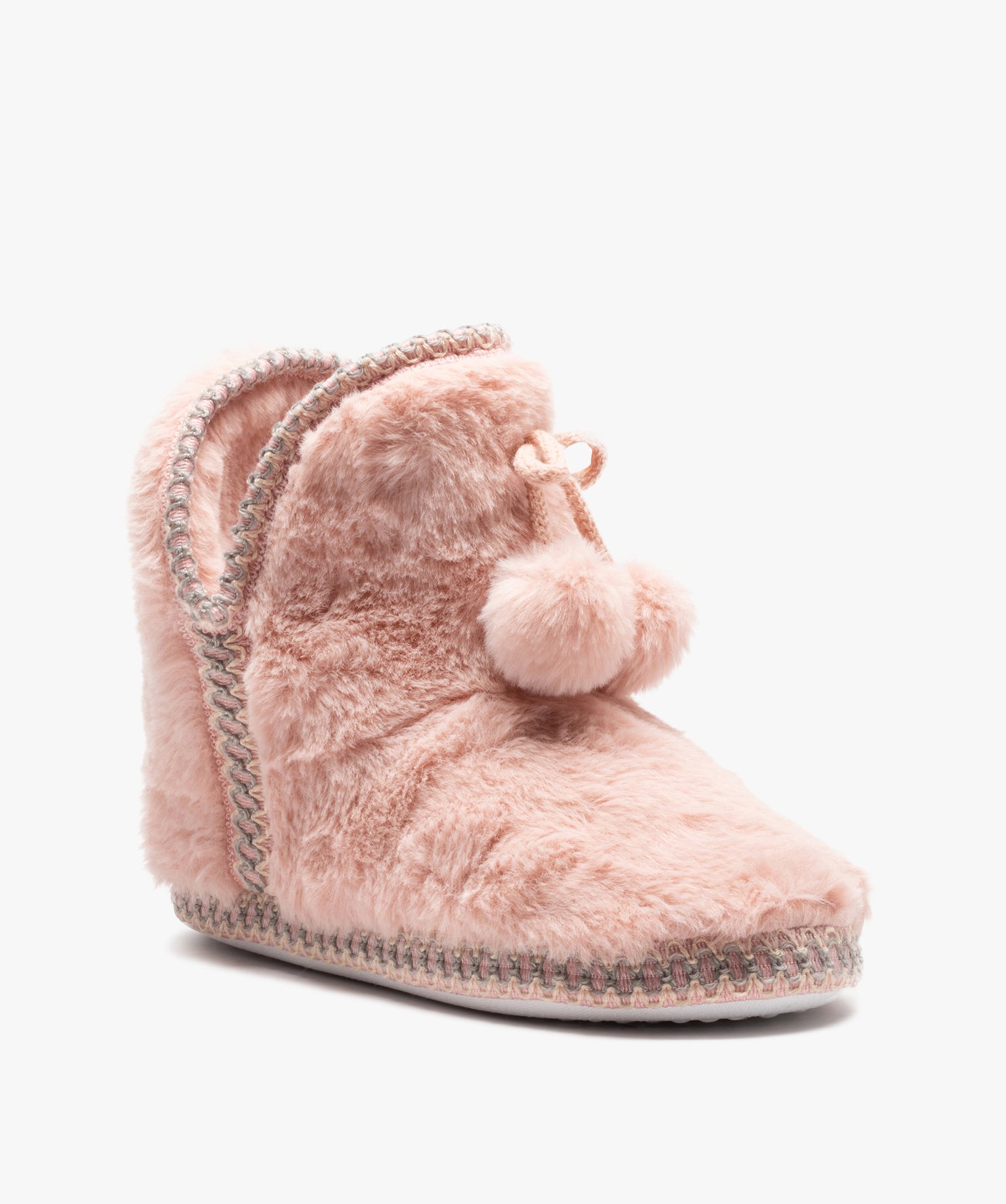 Chaussons femme boots en fourrure imitation et passementerie rose | GEMO