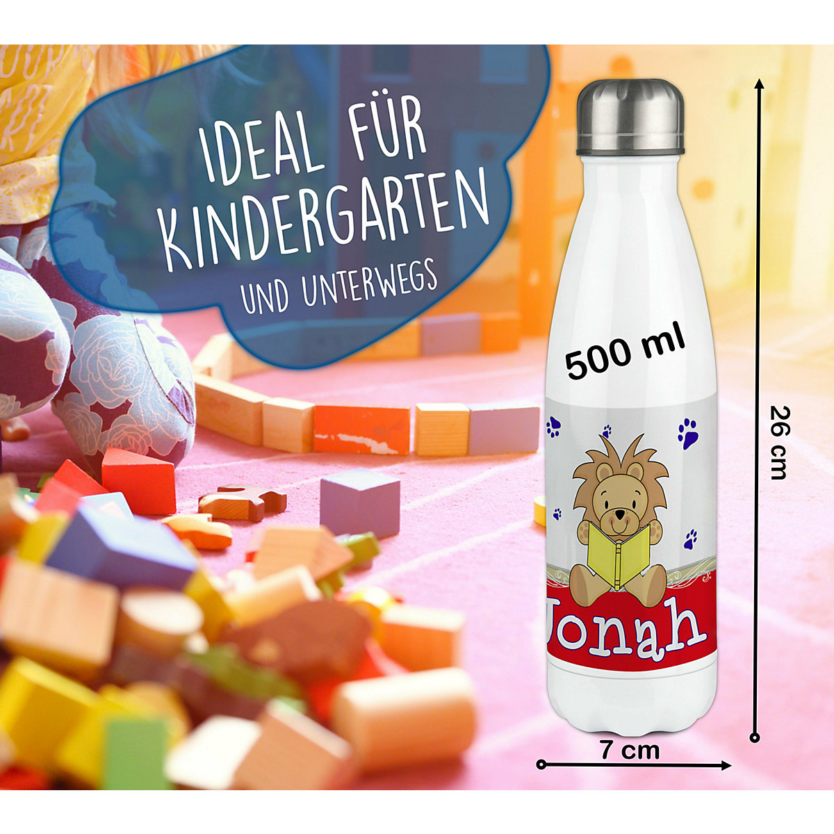 Edelstahl Kinder Thermoflasche / Trinkflasche bunt Leselöwe Farbe rot Spülmaschinenfest, Auslaufsicher, Bruchfest, Doppelwandig, Für Heißgetränke geeignet, Mit Deckel, Isoliert