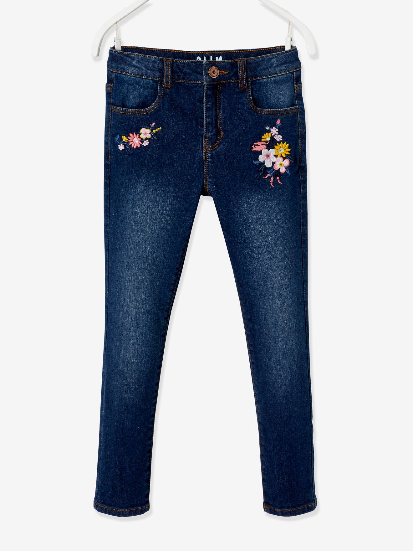 Vertbaudet Bestickte Mädchen Slim-Fit-Jeans WATERLESS, Hüftweite REGULAR - dark blue