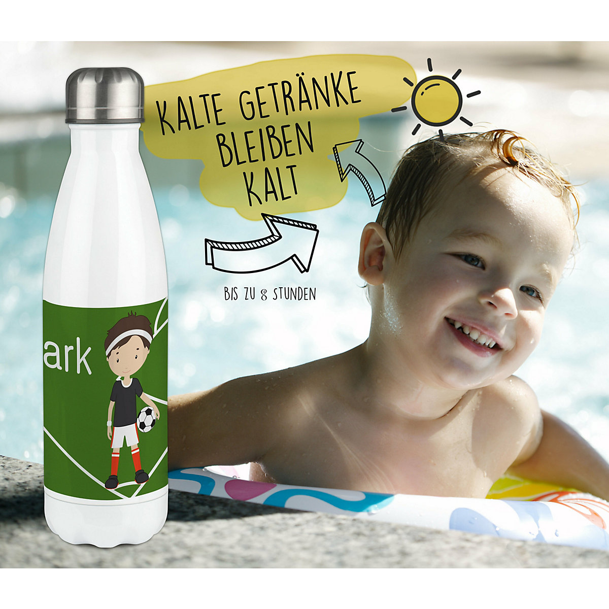 Edelstahl Kinder Thermoflasche / Trinkflasche bunt Fußballspieler Spülmaschinenfest, Auslaufsicher, Bruchfest, Doppelwandig, Für Heißgetränke geeignet, Mit Deckel, Isoliert
