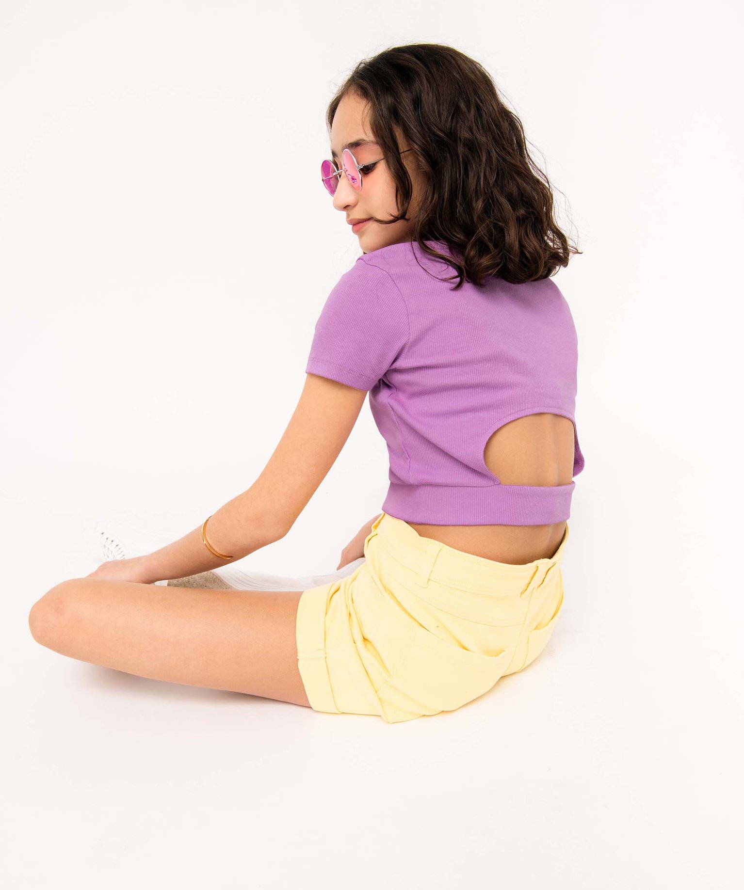 Tee-shirt fille en maille ctelée coupe courte violet | GEMO