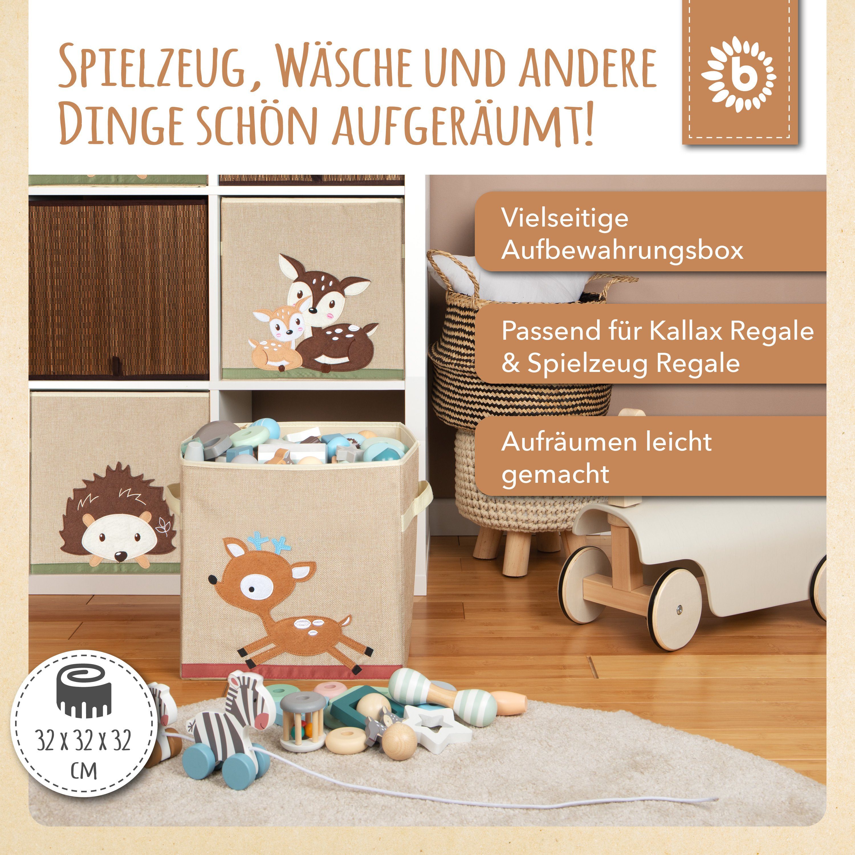 BIECO Spielzeugtruhe Bieco Aufbewahrungsbox Kinder Reh Motiv ca. 36L faltbar Süße Spielzeug Kiste für Kallax Regal Aufbewahrungsbox 33x33x33 Kallax Boxen für Spielzeug Aufbewahrung Storage Box Kallax Korb