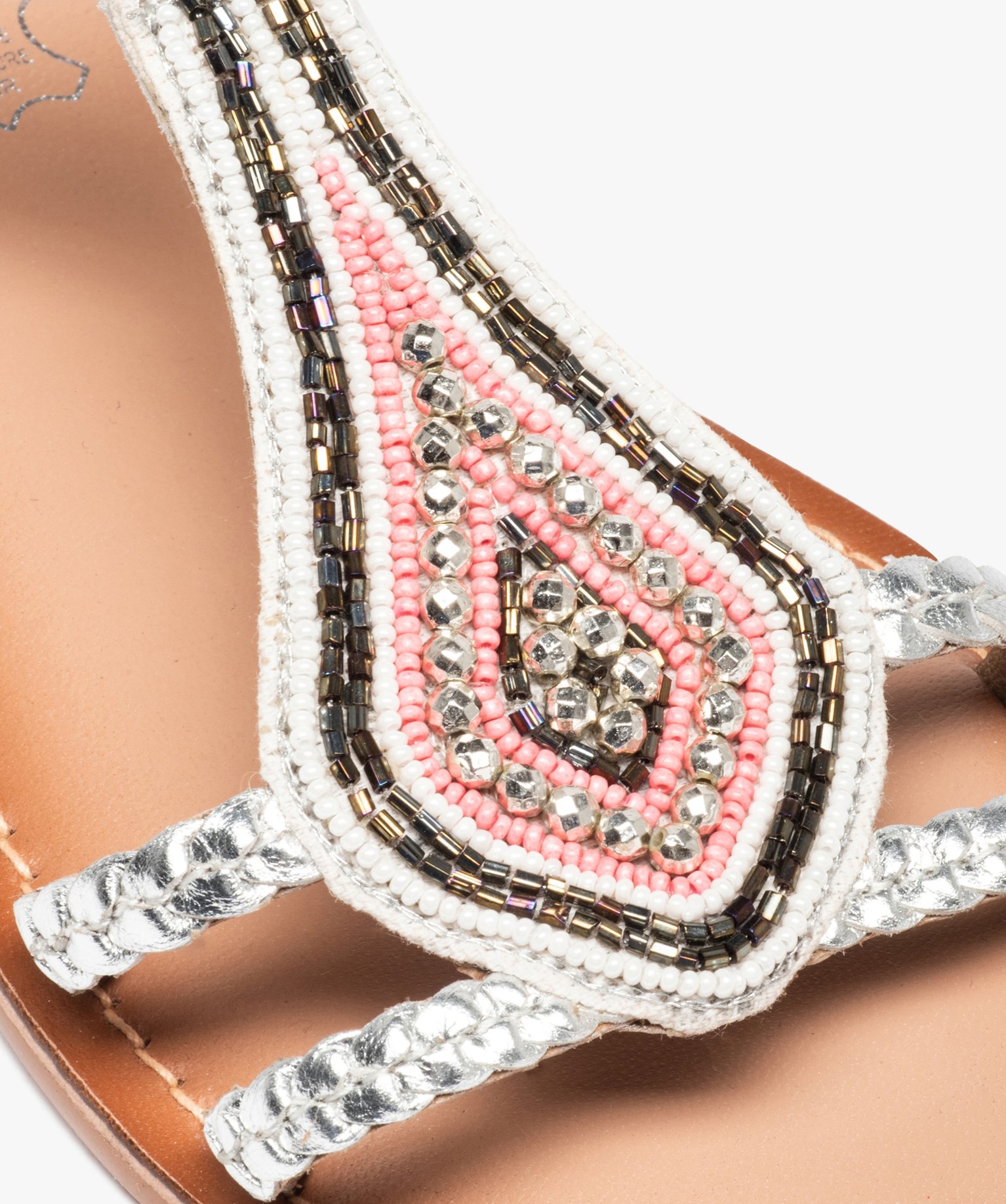 Sandales femme plates ornées de perles et intérieur cuir argent | GEMO