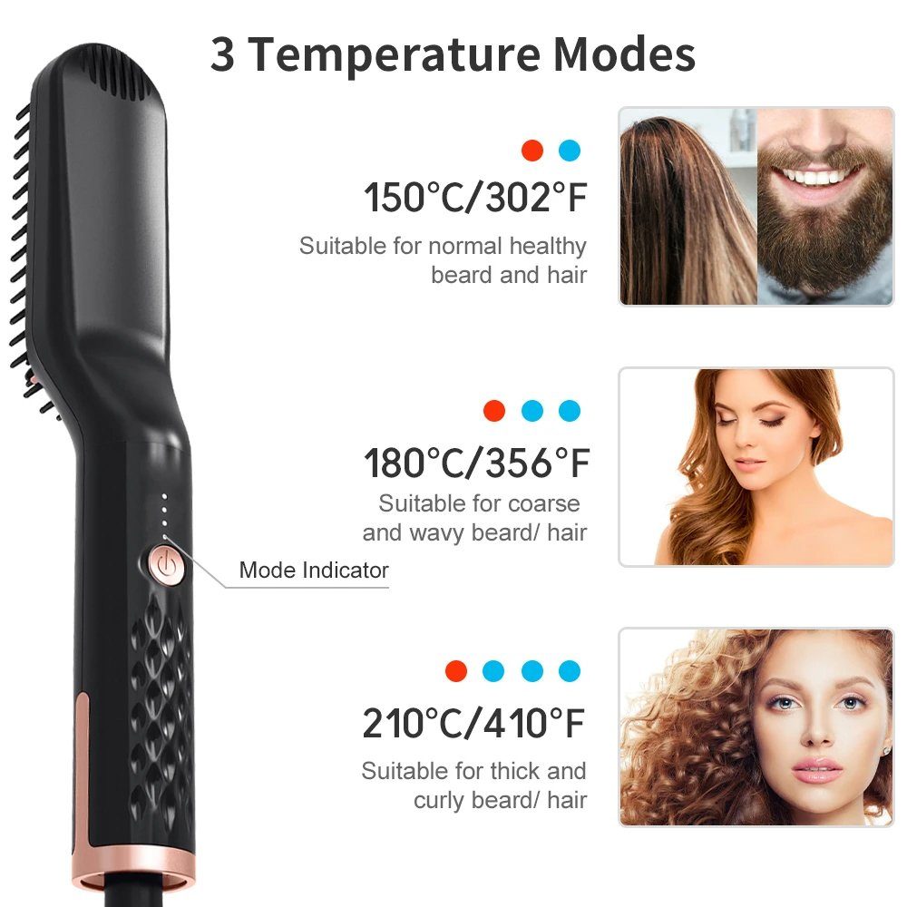 ERHWIO Bartbürste Haarglättungsbürste 3in1, Ionen-Heizung, einstellbare Temperatur, Bartbürste, Verbrühungsschutz, 30 Min. Abschaltung Männer/Frauen