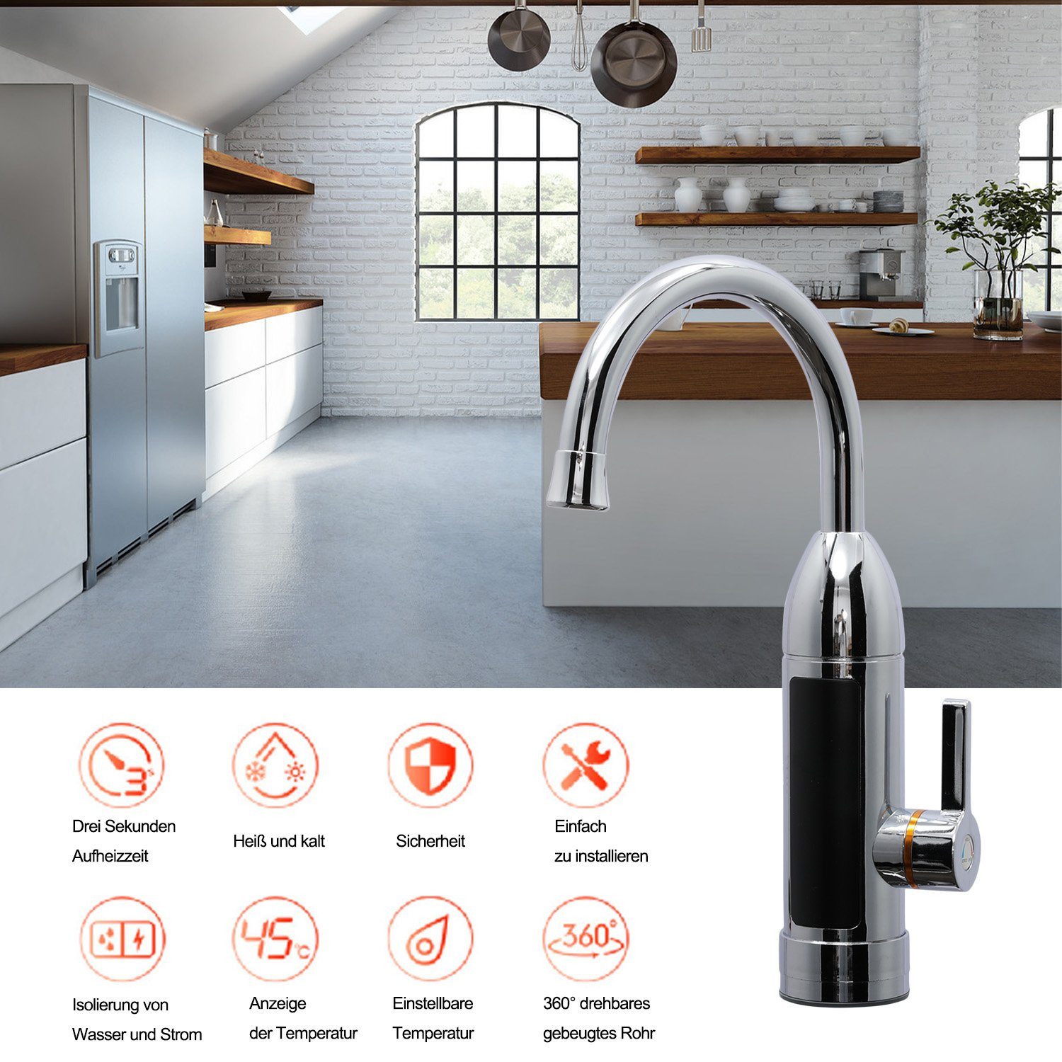 Kpaloft Durchlauferhitzer Elektrisch Warmwasserhahn, LED Temperaturanzeige einstellbar 360° schwenkbar