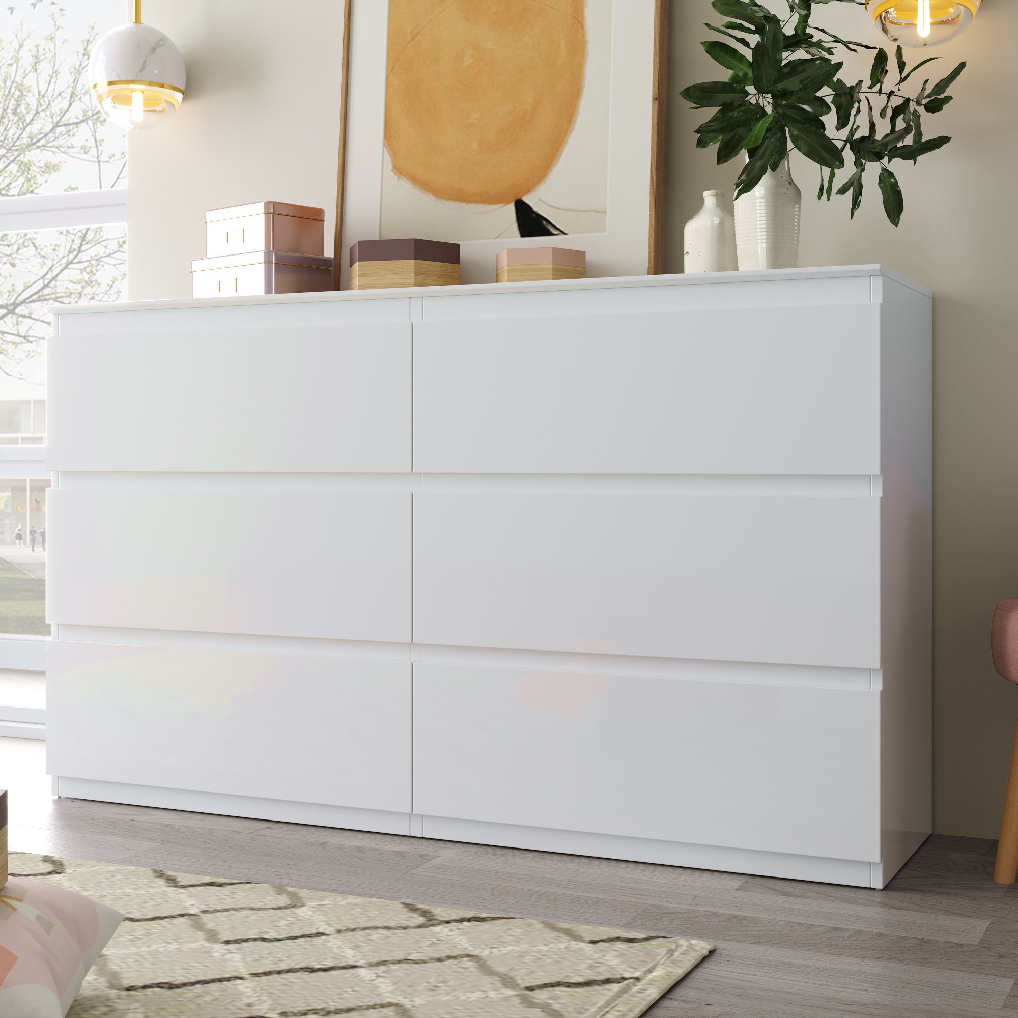 REDOM Anrichte Schubladenkommode Kommode (mit 6 Schubladen 130CM, Weiß -B130/T40 /H88cm), Highboard Weiss Sideboard, für Schlafzimmer & alle Wohnräume