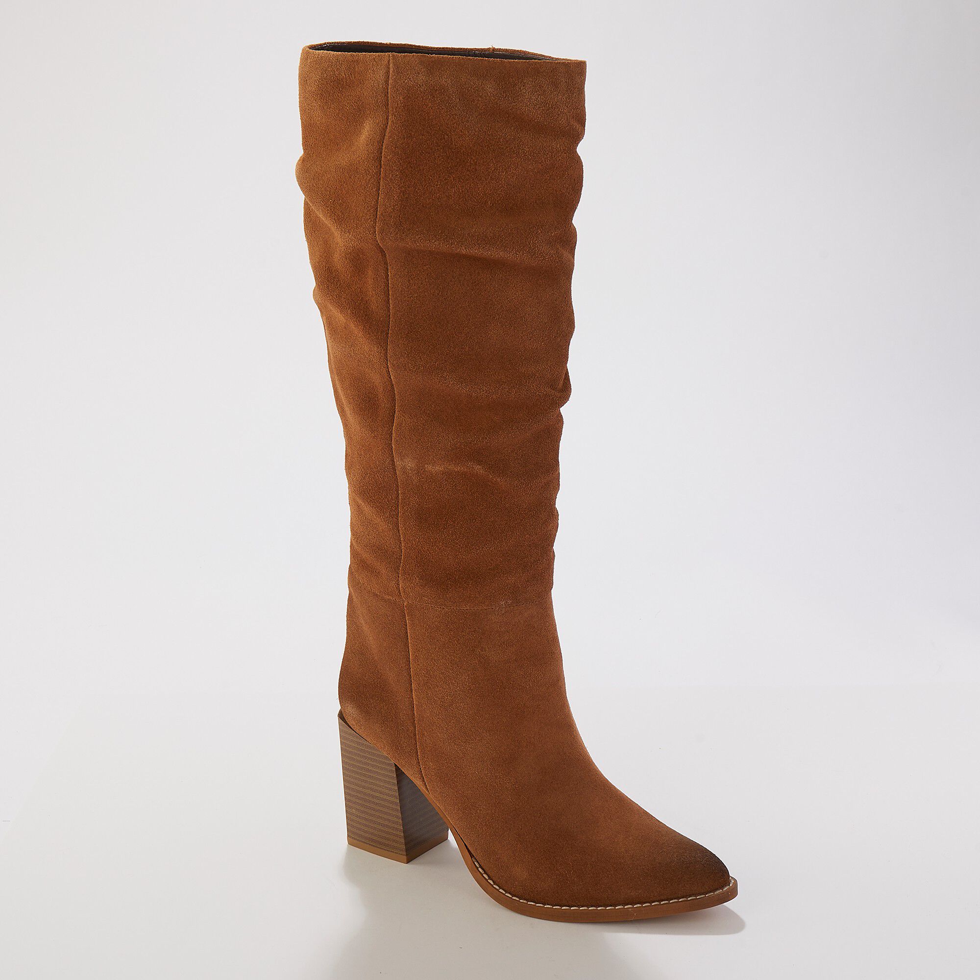 Bottes plissées à talon, croûte de cuir