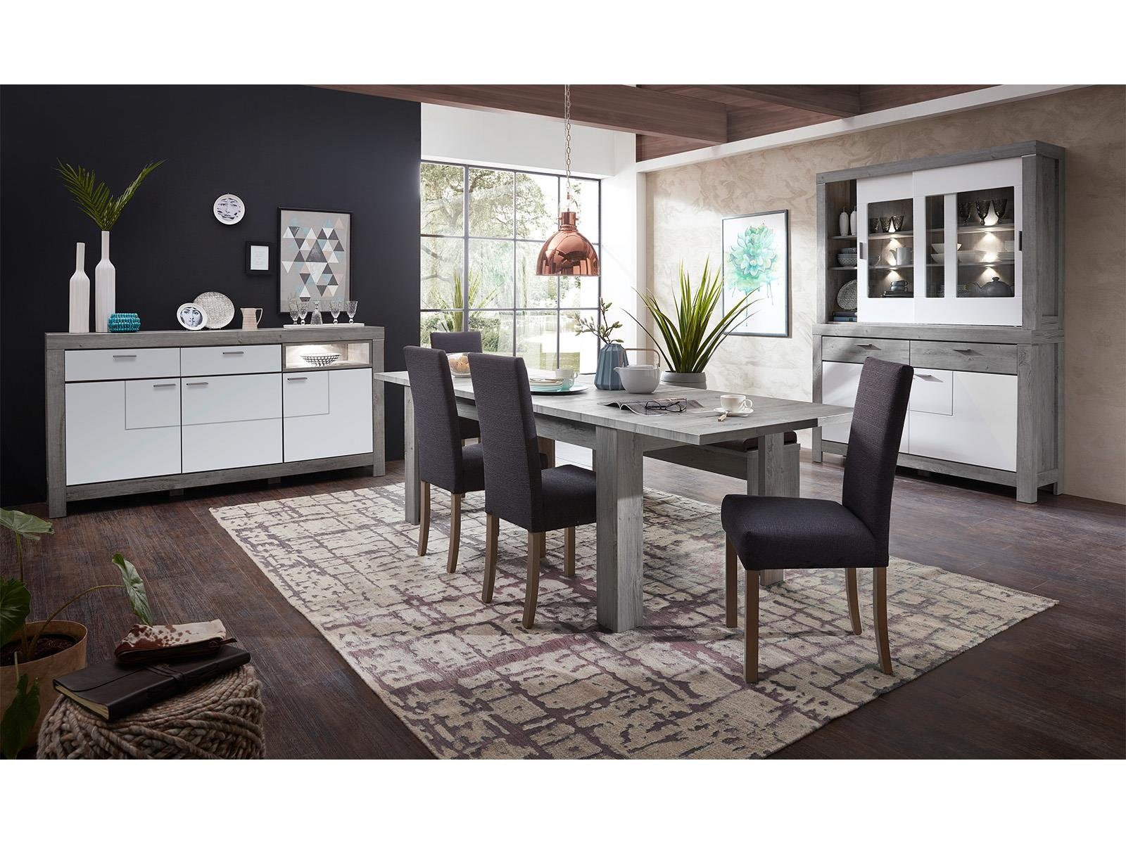 möbelando Buffet Gravesend Modernes Buffet in Haveleiche Nachbildung / Lack Laminat Weiß supermatt, Korpus aus Spanplatte, Front aus MDF bestehend aus 1 Sideboard und 1 Buffet-Aufsatz, inkl. LED-Beleuchtung. Breite 156 cm, Höhe 211 cm, Tiefe 42 cm