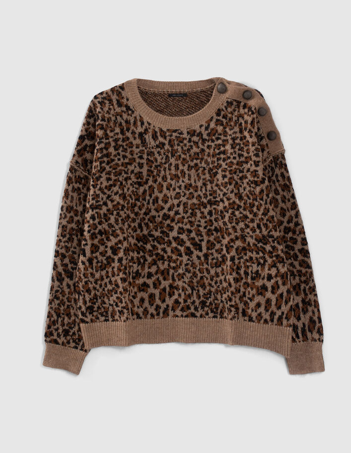 Pull cognac tricot jacquard à motif léopard Femme