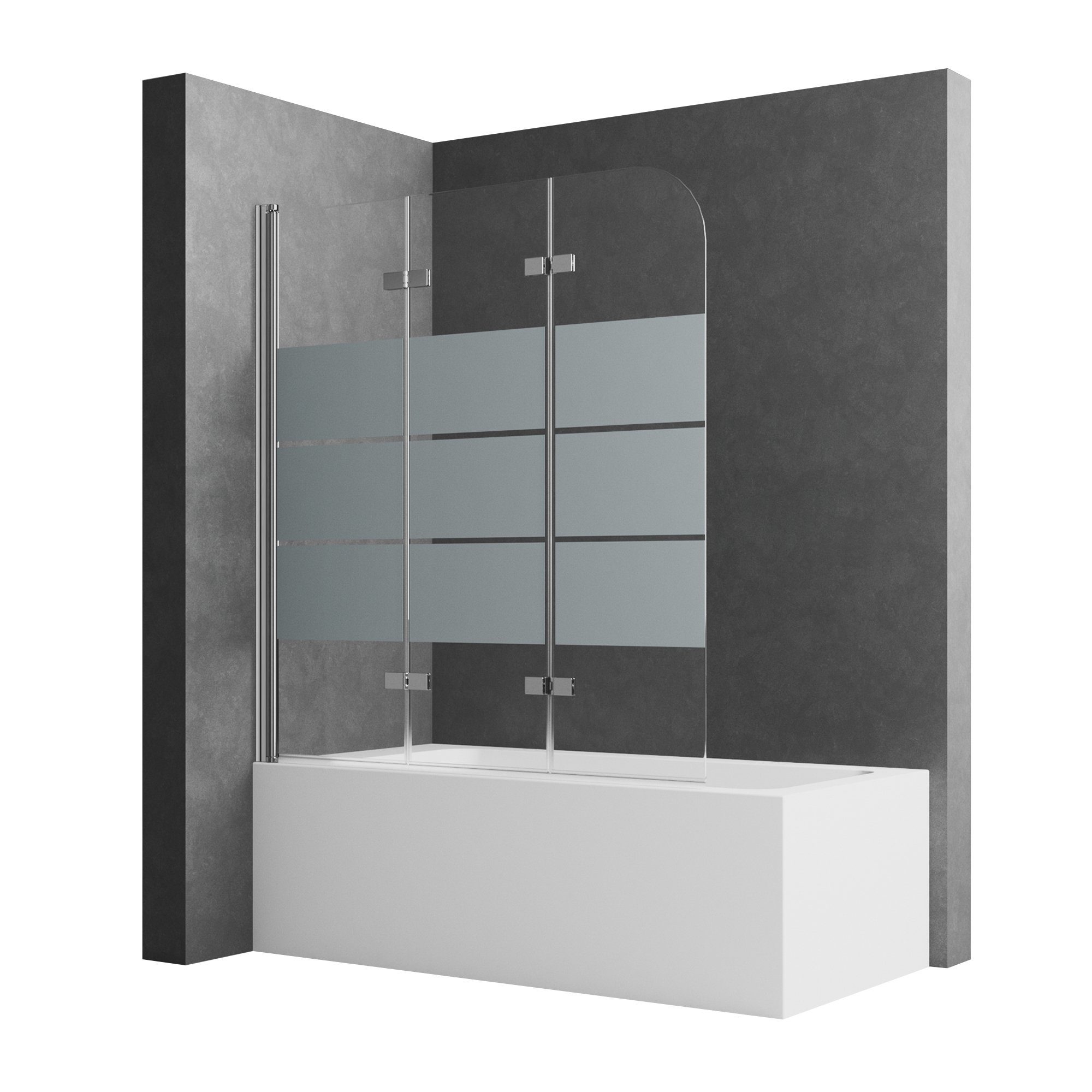 Boromal Badewannenfaltwand Badewannenaufsatz Glas 3 teilig Faltbar 180° Faltwand milchglas klar, Aluminiumsprofile,Sicherheitsglas, B:120-130cm H:140cm, Mit Hebe-/Senkfunktion, Rechts-und Links montierbar