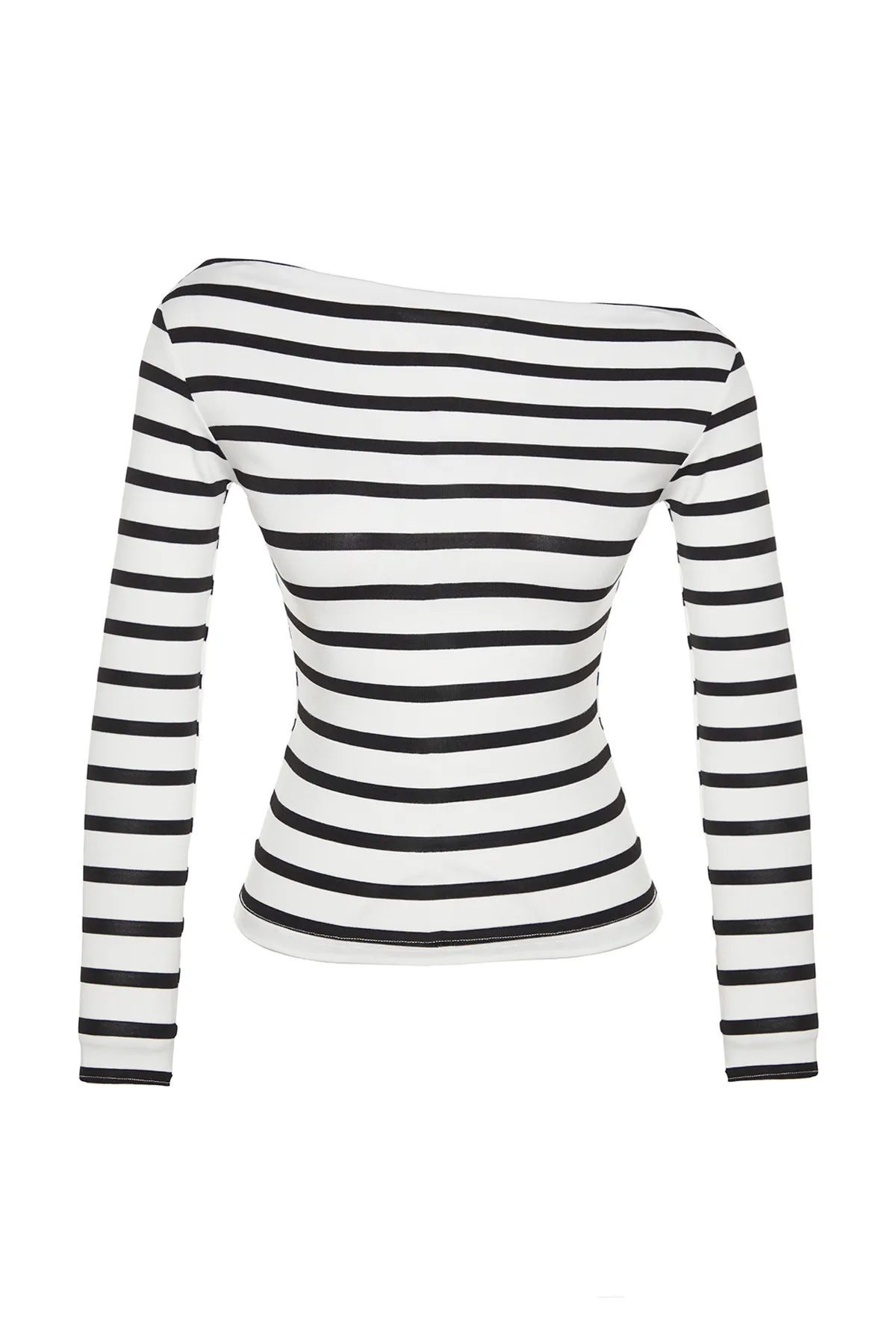 Trendyol Collection  Schwarz-weiß gestreifte, hochwertige, dehnbare Strickbluse aus weichem Stoff mit U-Boot-Ausschnitt und tailliertem Schnitt TWOAW24BZ00227