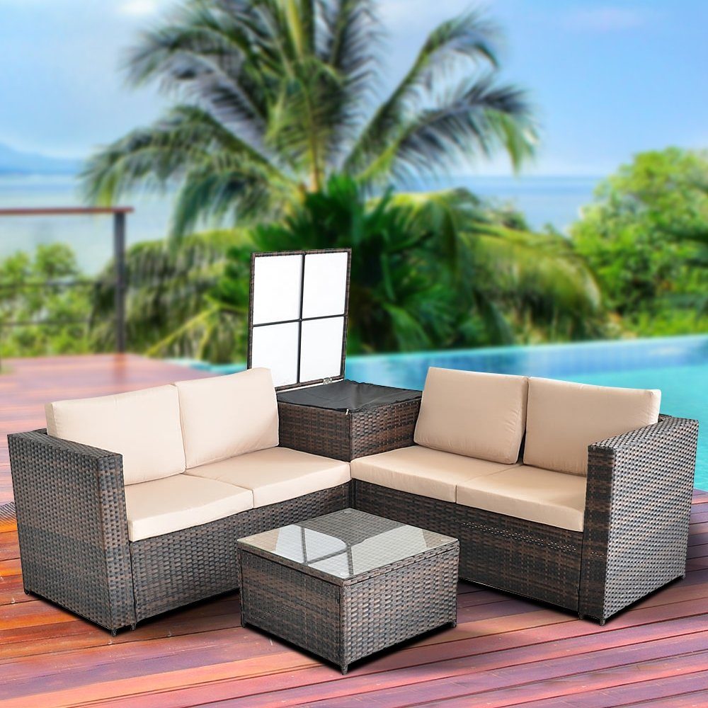 Mucola Gartenlounge-Set Polyrattan Sitzgruppe mit Auflagenbox Sitzgarnitur Gartengarnitur, (Set, 2-tlg), Sicherheitsglasplatte