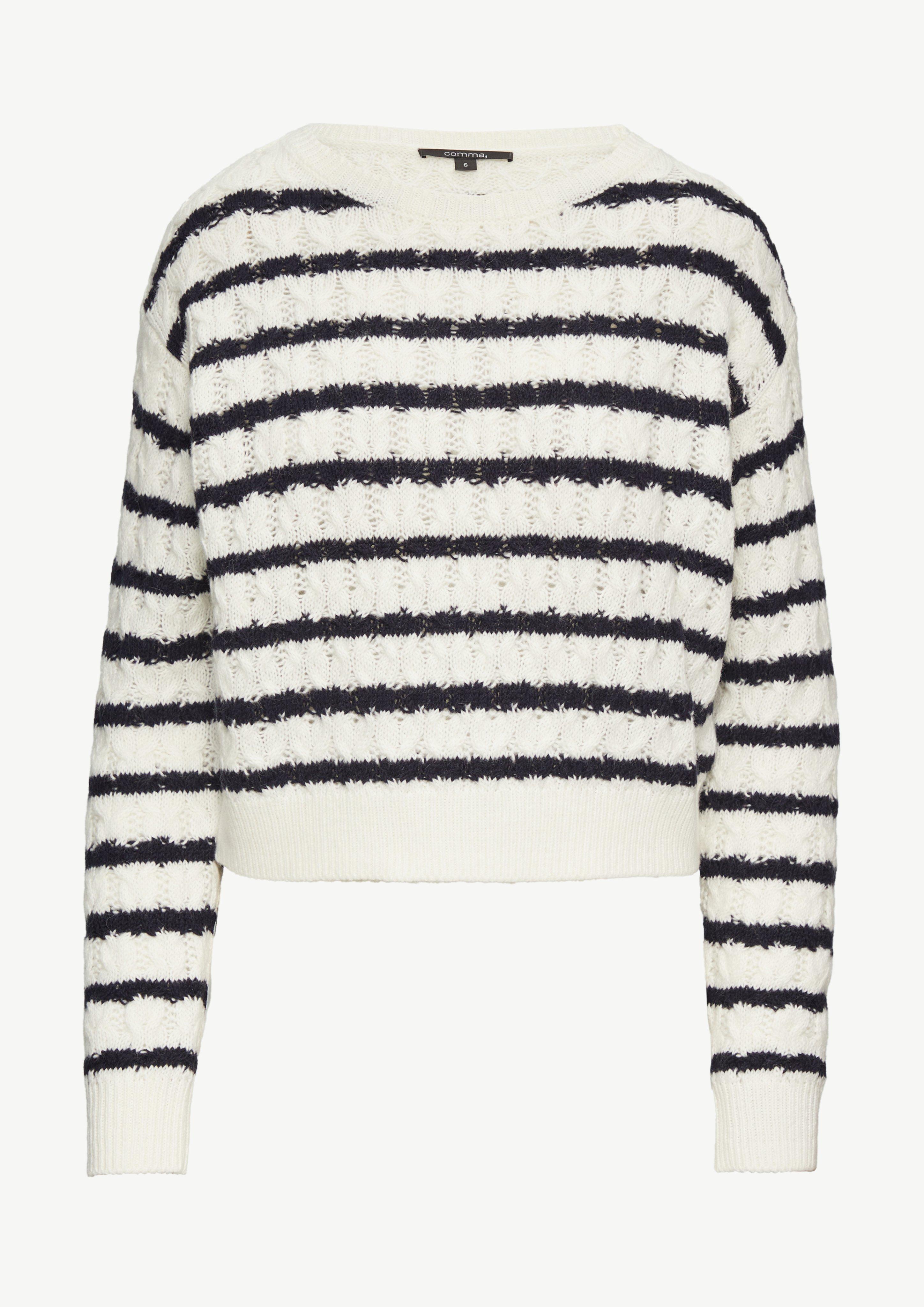 Zopfstrickpullover mit Streifen - weiß