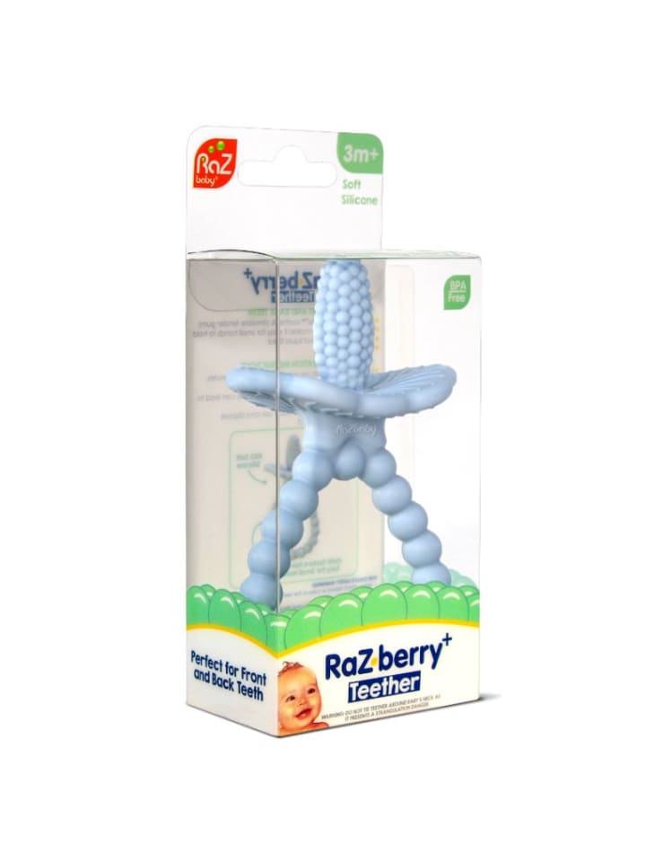 RaZbaby Baby Beißring Himbeere aus Silikon - Zahnungshilfe ab 3 Monaten in Blau günstig kaufen onesize