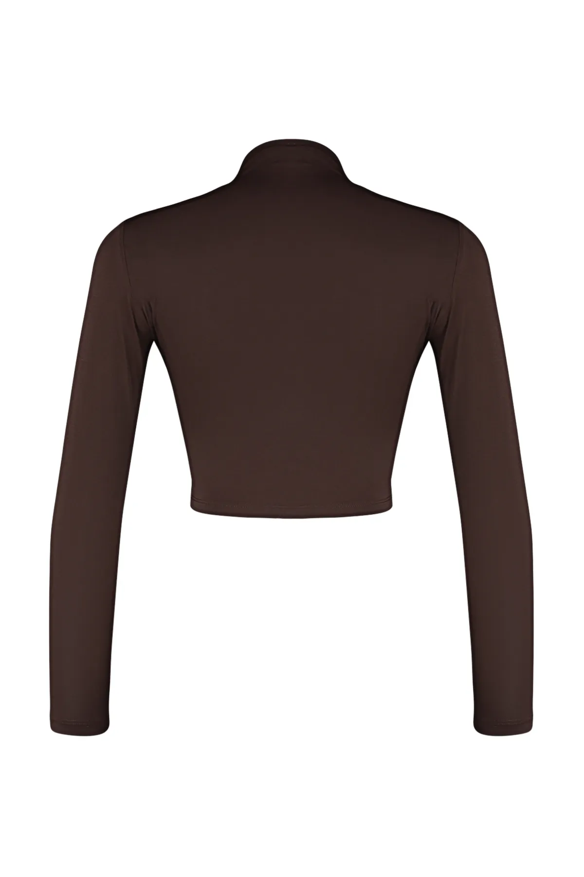 Trendyol Collection  Dunkelbraune drapierte Crop-Bluse mit hohem Kragen TWOAW24BZ00164