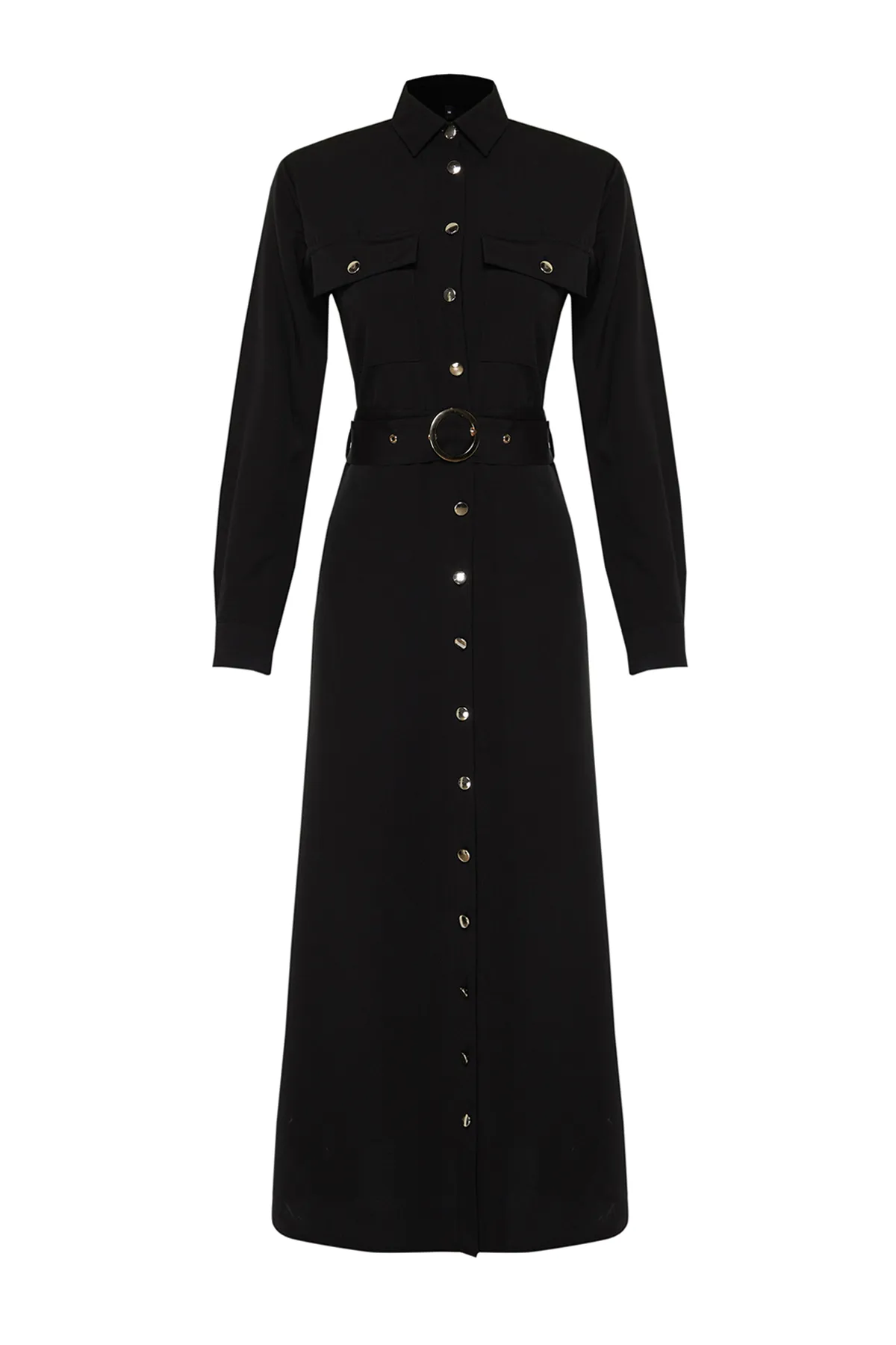 Trendyol Modest  Schwarzes, gewebtes Hemdblusenkleid mit goldenen Knöpfen TCTSS24EB00132