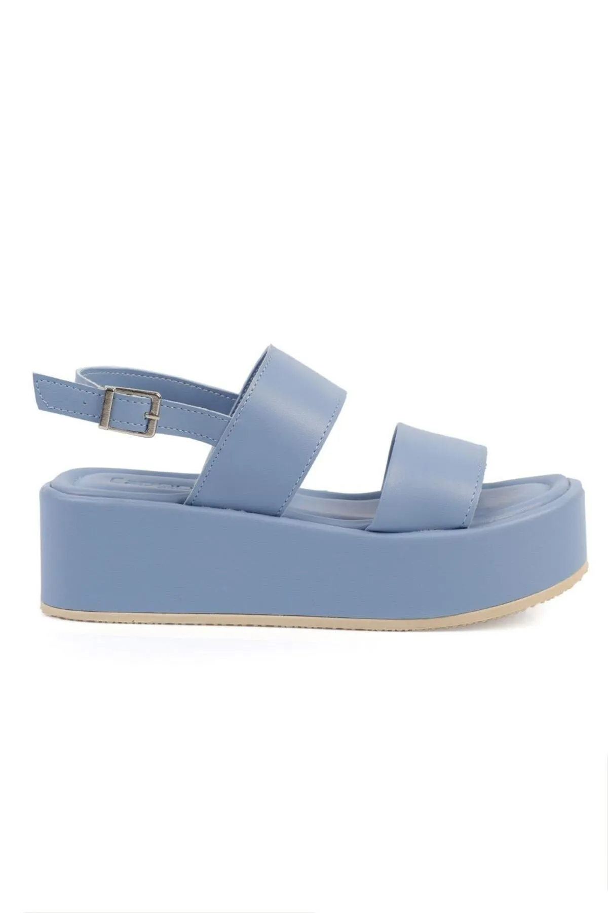 Capone Outfitters  Capone dicke, doppelt geschnallte Keilabsatz-Sandalen in Jeansblau für Damen