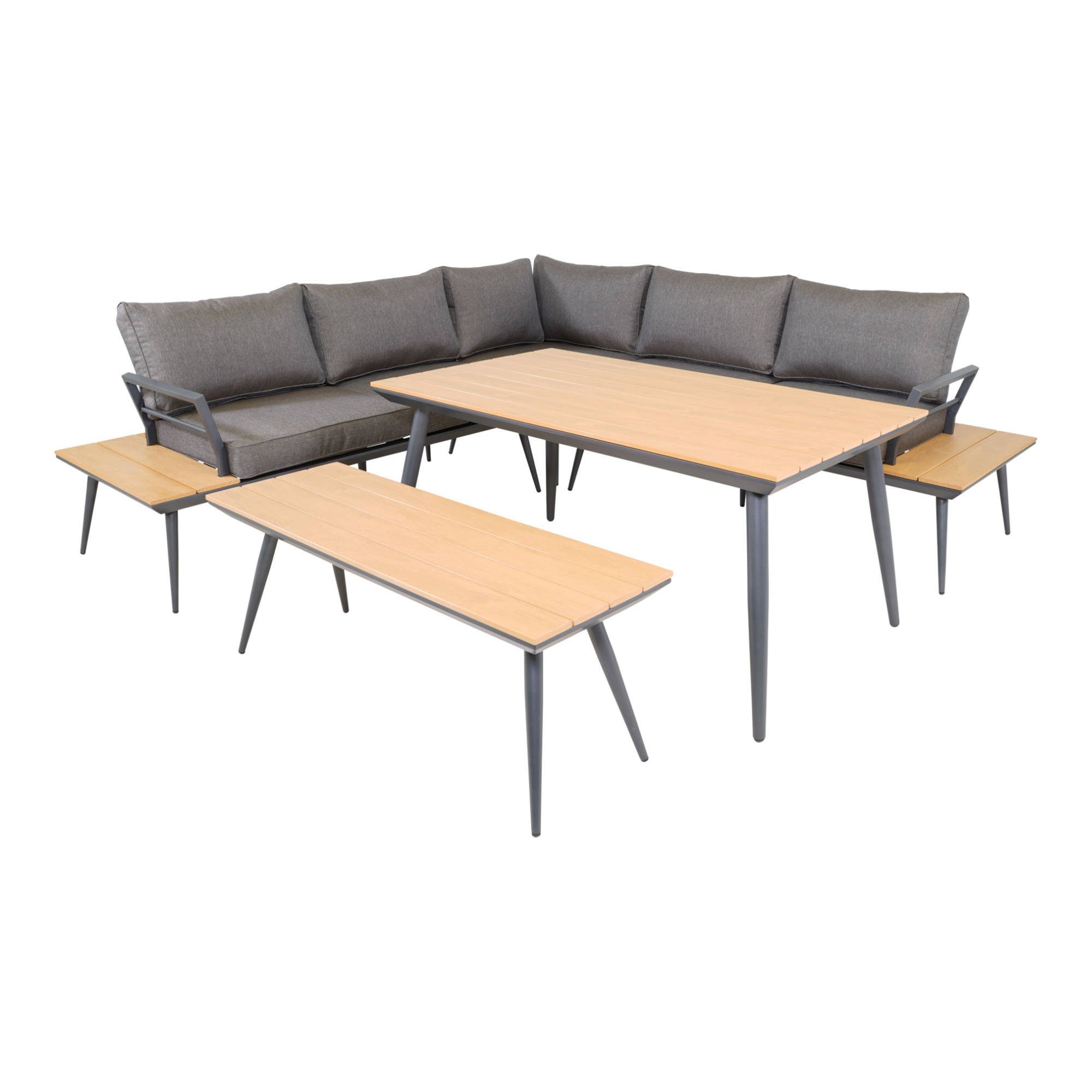 GMD Living Eckbankgruppe AREZZO, (Eckbank Essgruppe, 5-tlg., bestehend aus 2 Sofas, 1 Eckteil, 1 Tisch & 1 Bank inkl. Polsterkissen), Tischplatte im Teaklook, Wetterfest